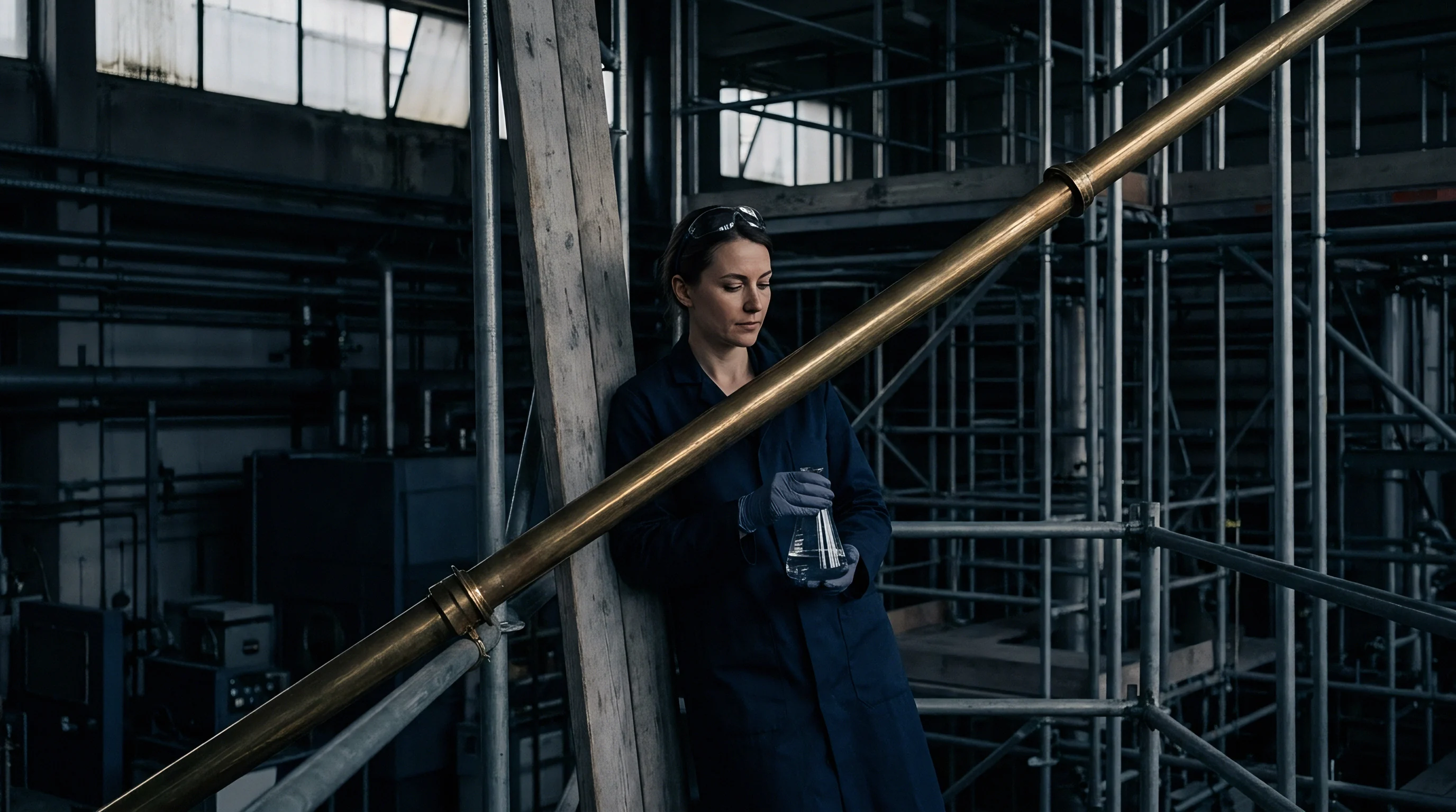 Female industrial technician wearing safety gear leans against a wooden scaffolding beam inside a manufacturing facility featuring metal piping.