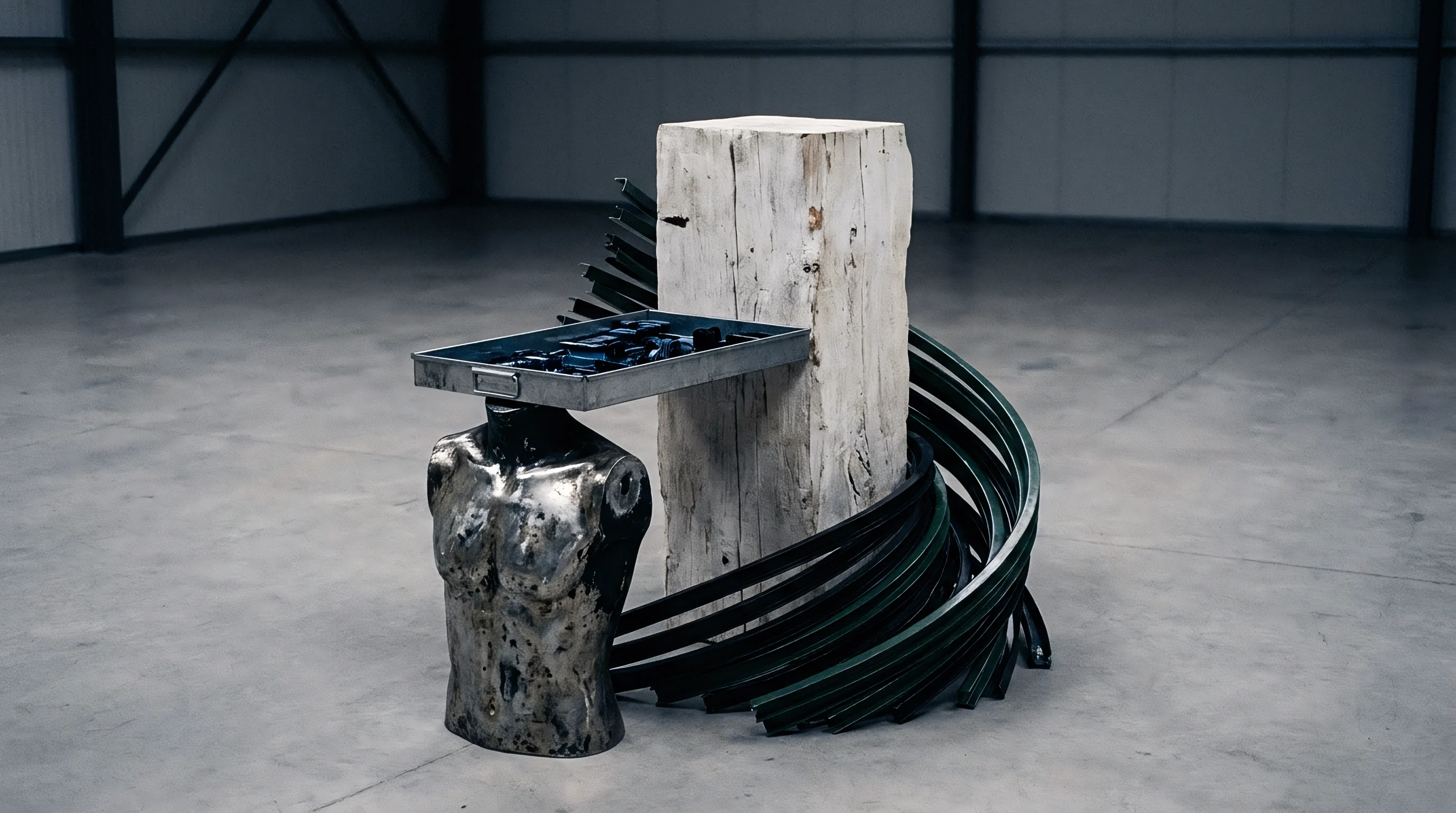 A weathered timber post stands beside stacked green metal profiles, a metallic torso mannequin, and a tray of small components inside an expansive warehouse.