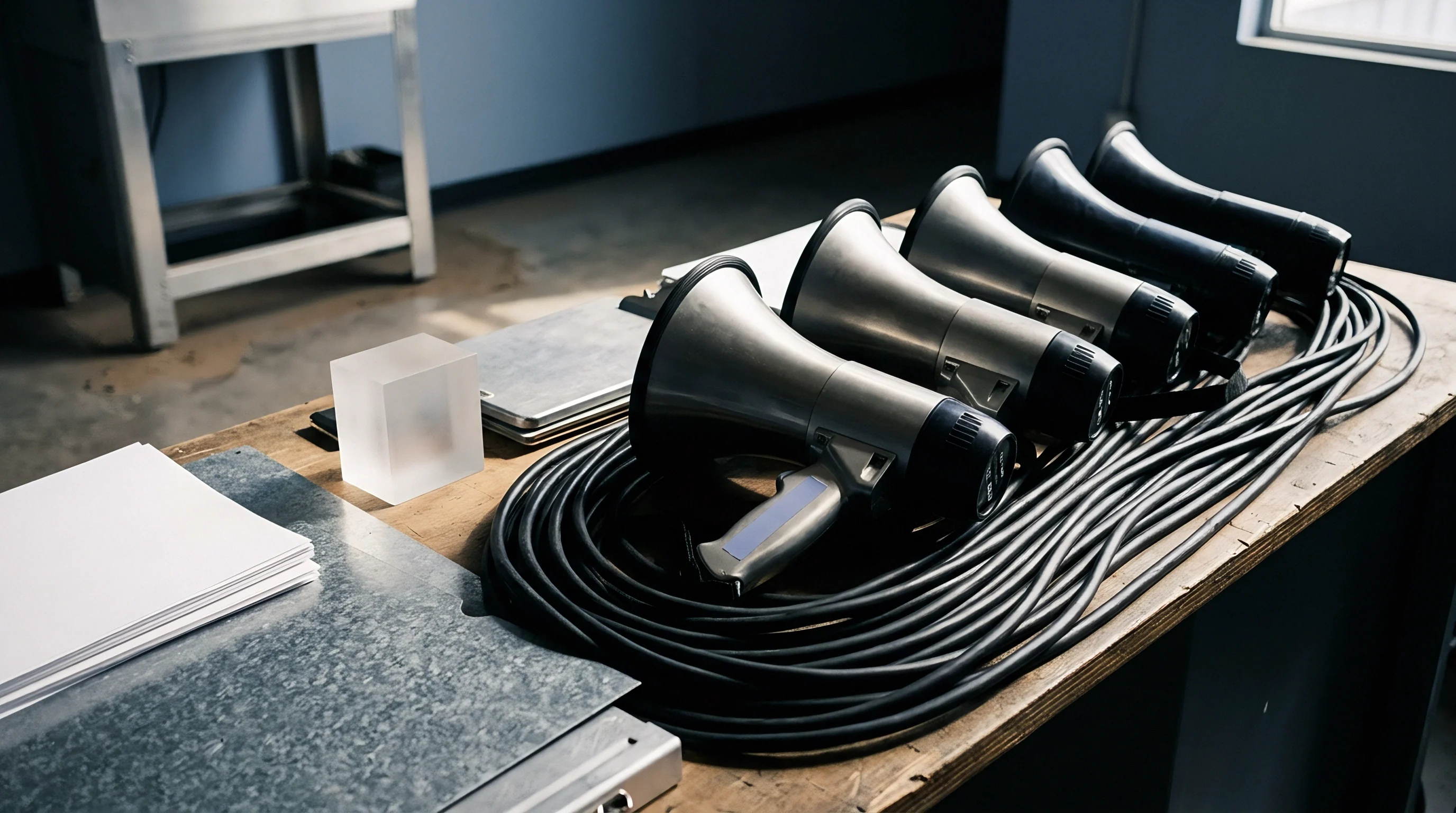 Megaphones and a coiled cable bundle rest on a metal workshop table alongside stacked paper and a transparent geometric material sample.