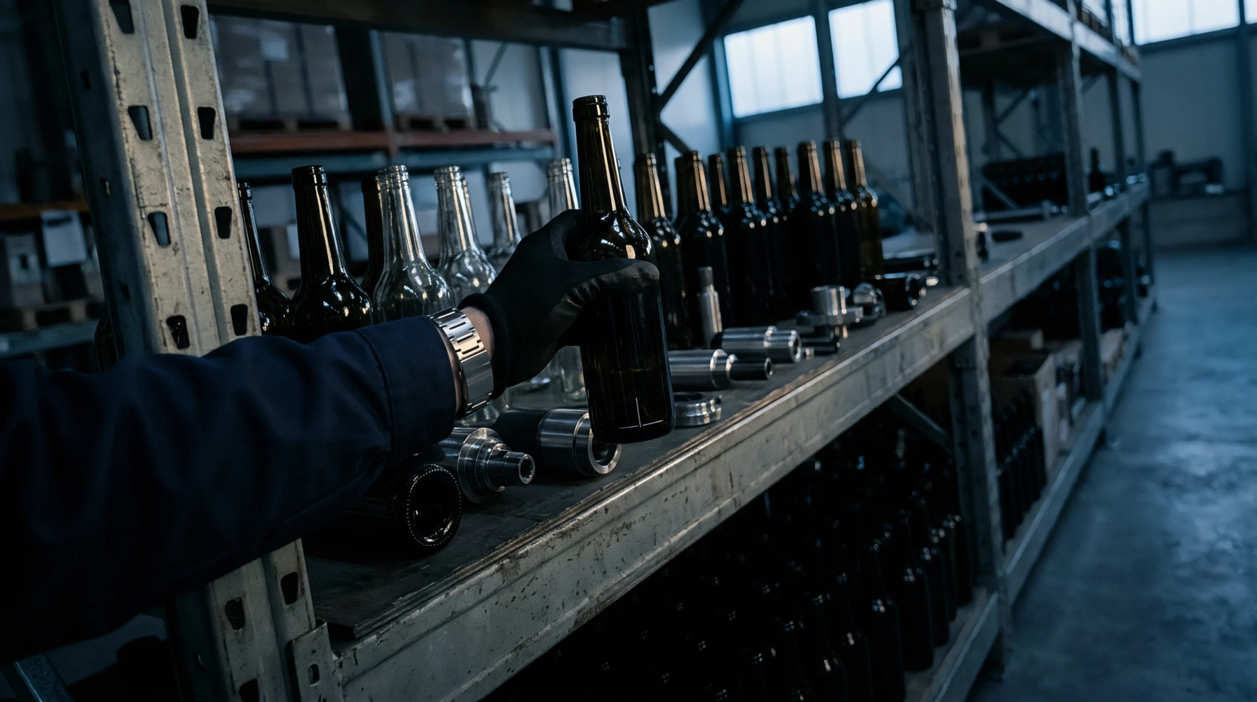 A gloved hand holds a brown glass bottle on a metal storage rack filled with glass containers and industrial components inside a warehouse.