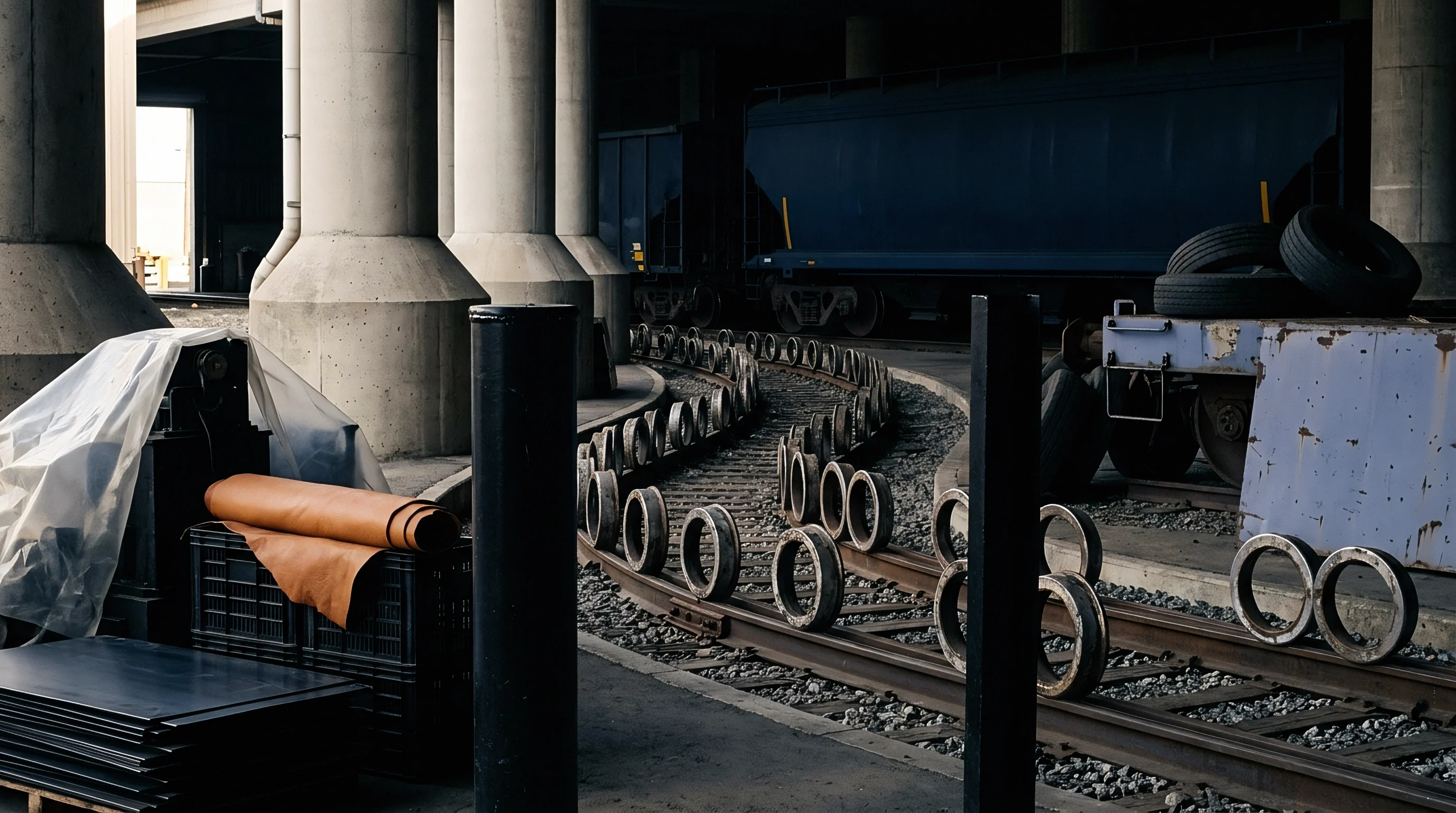 Circular metal components rest along a curved industrial rail track under massive concrete pillars near large blue freight containers and sorted material piles.