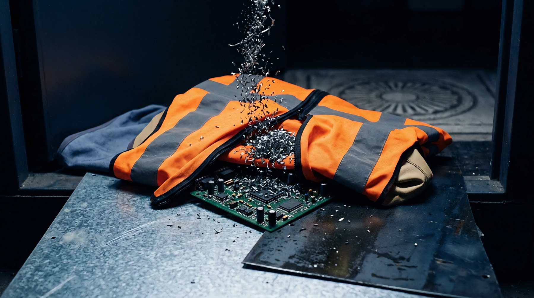 Metallic chips cascade over a high visibility safety vest and a printed circuit board resting on a weathered galvanized metal tray.
