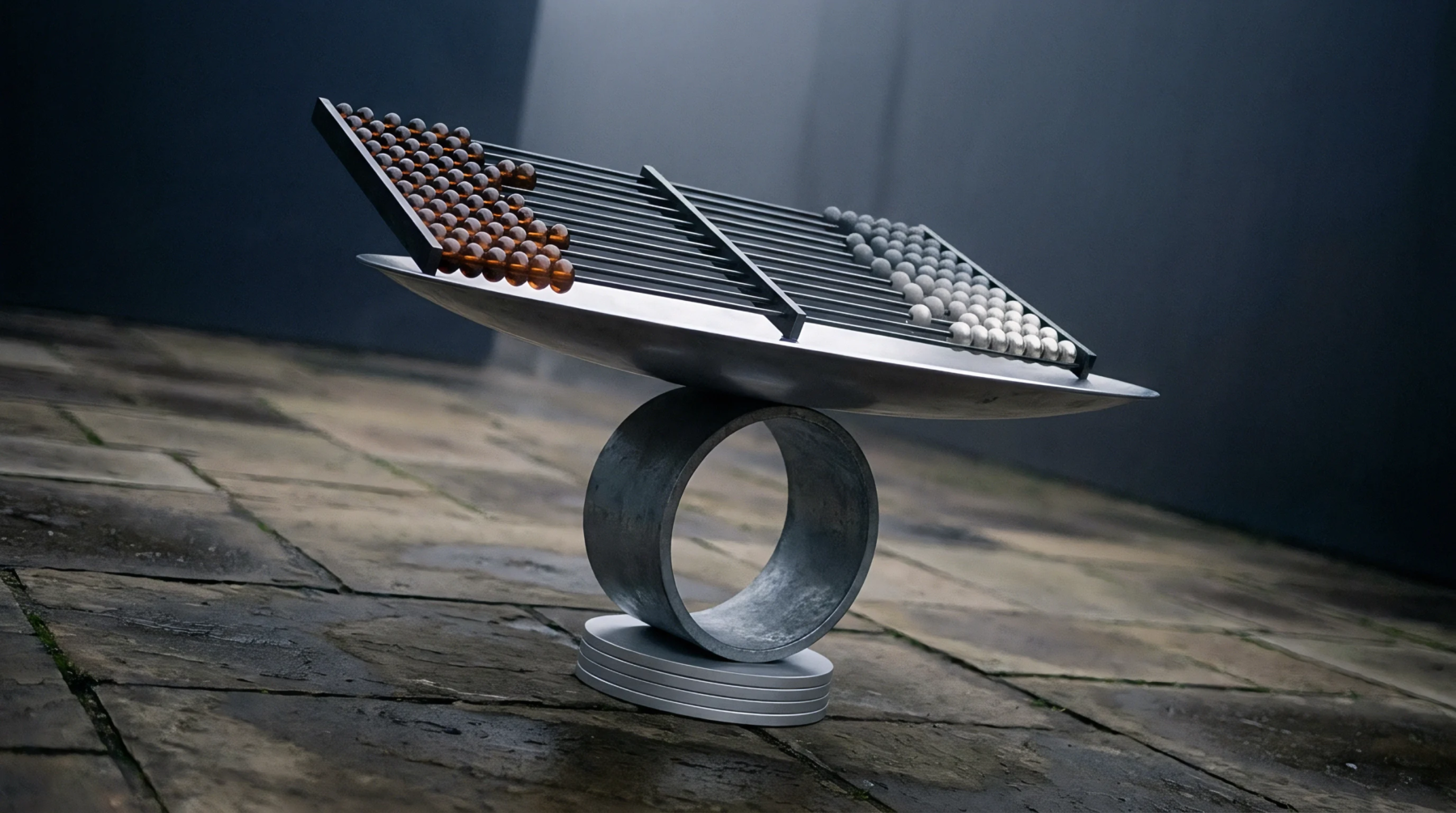 A digital render displays a metallic abacus instrument balancing on a round steel ring upon a tiled stone floor.