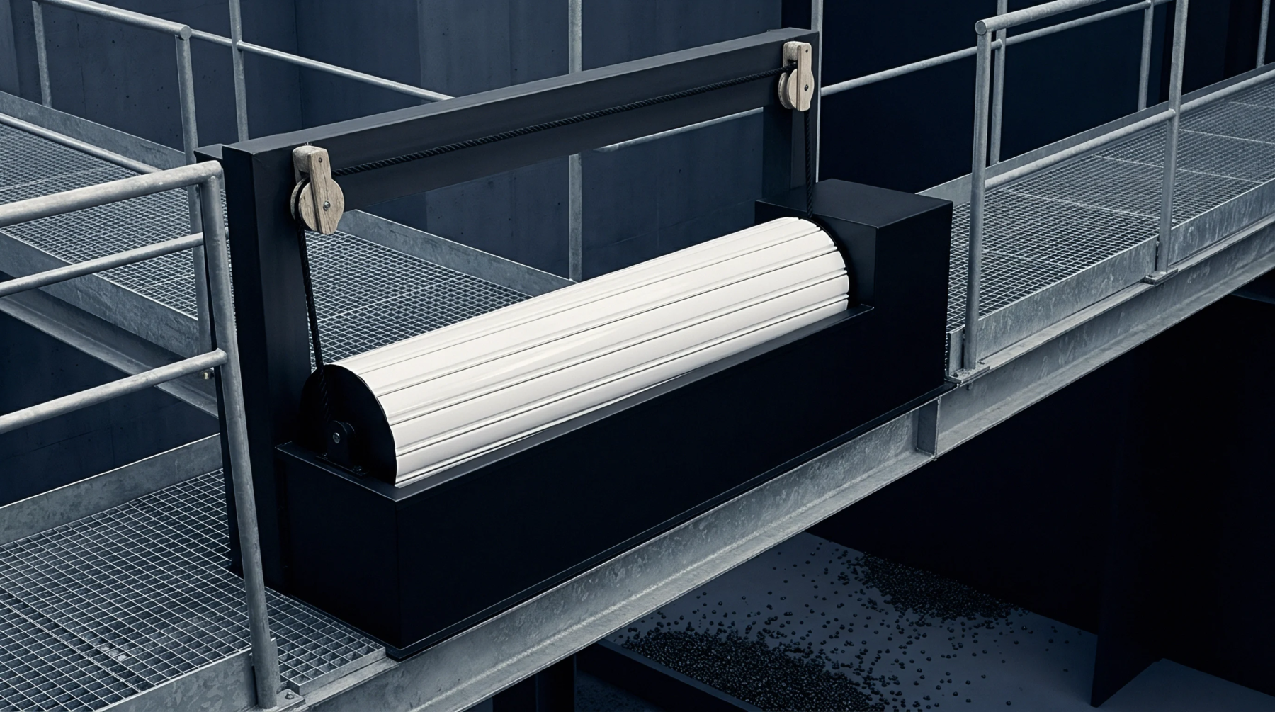 An industrial rolling barrier assembly sits on a steel grate gantry above an expansive manufacturing basin.