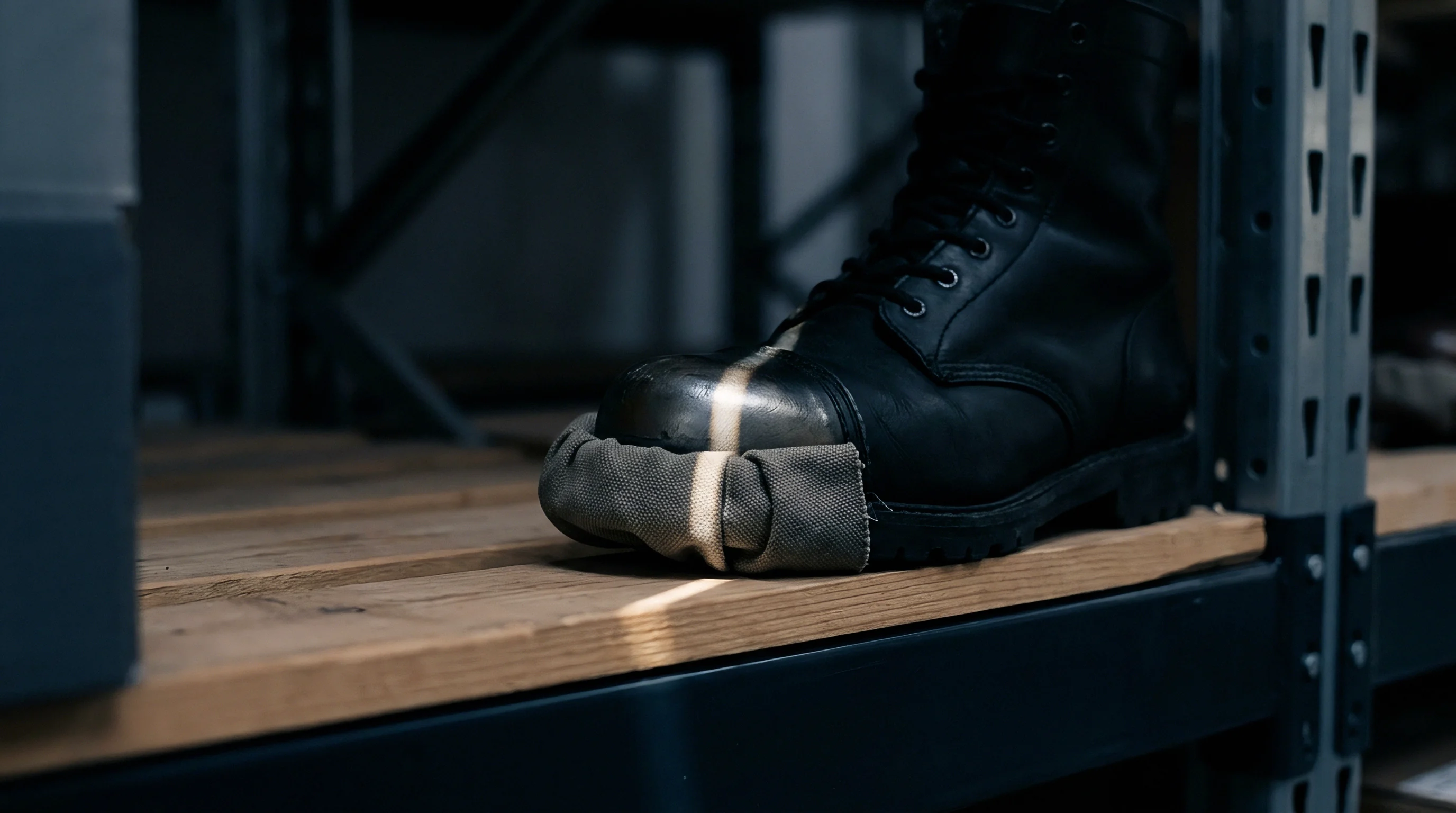 A leather safety boot with a reinforced toe guard rests upon wooden shelving inside a heavy industrial storage facility.
