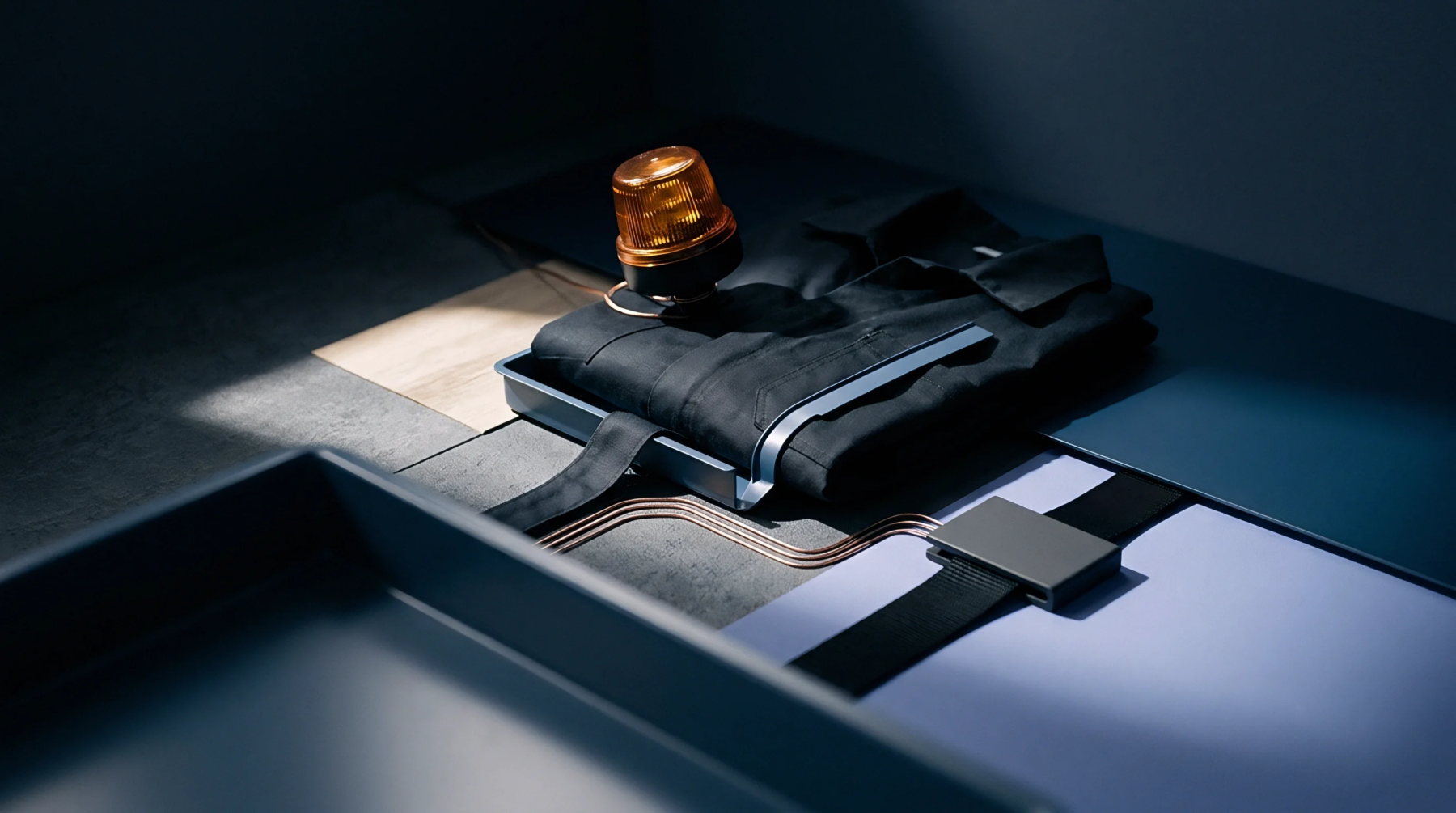 An orange warning beacon rests atop a folded black textile garment positioned near electronic sensor components on modular manufacturing work surfaces.