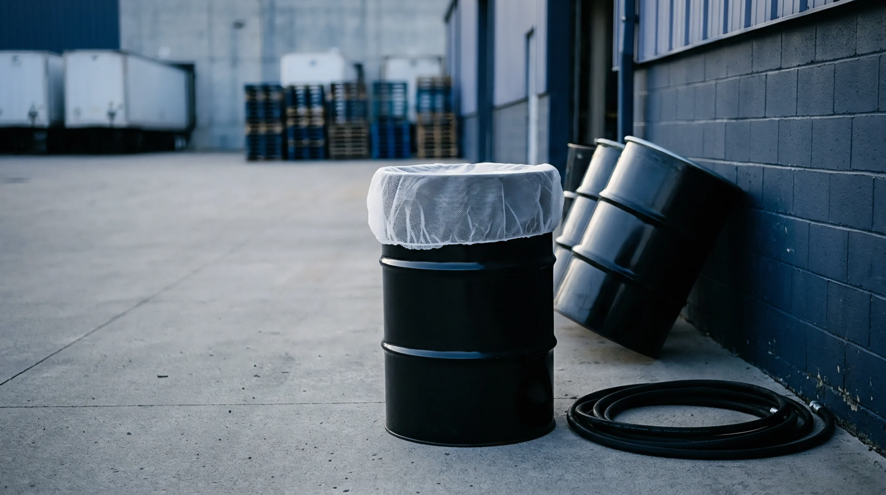 Steel storage drums rest on a concrete loading dock outside a blue industrial facility awaiting material transfer.