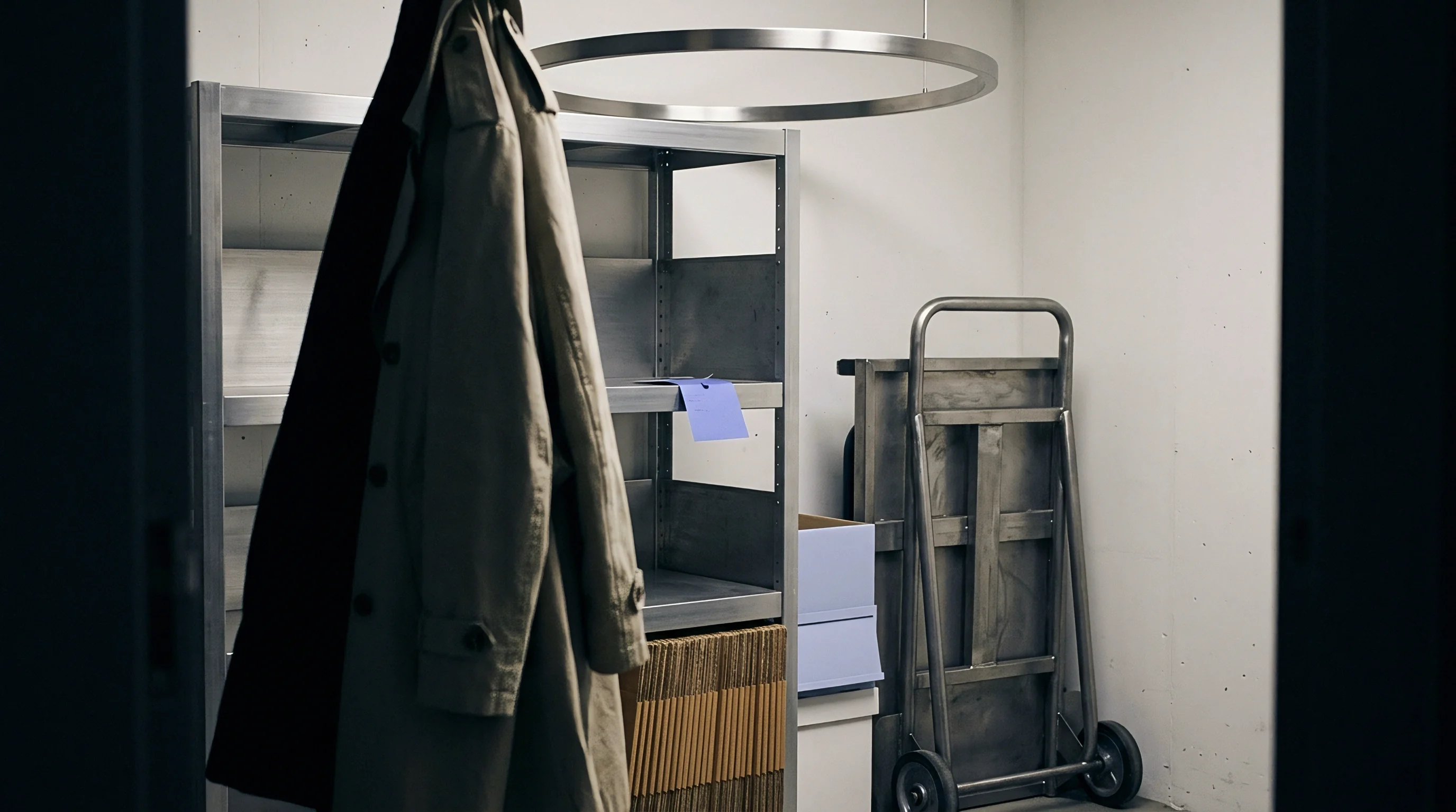 This utilitarian storage space contains metal shelving, a hand truck, and organized materials, indicating operational readiness.