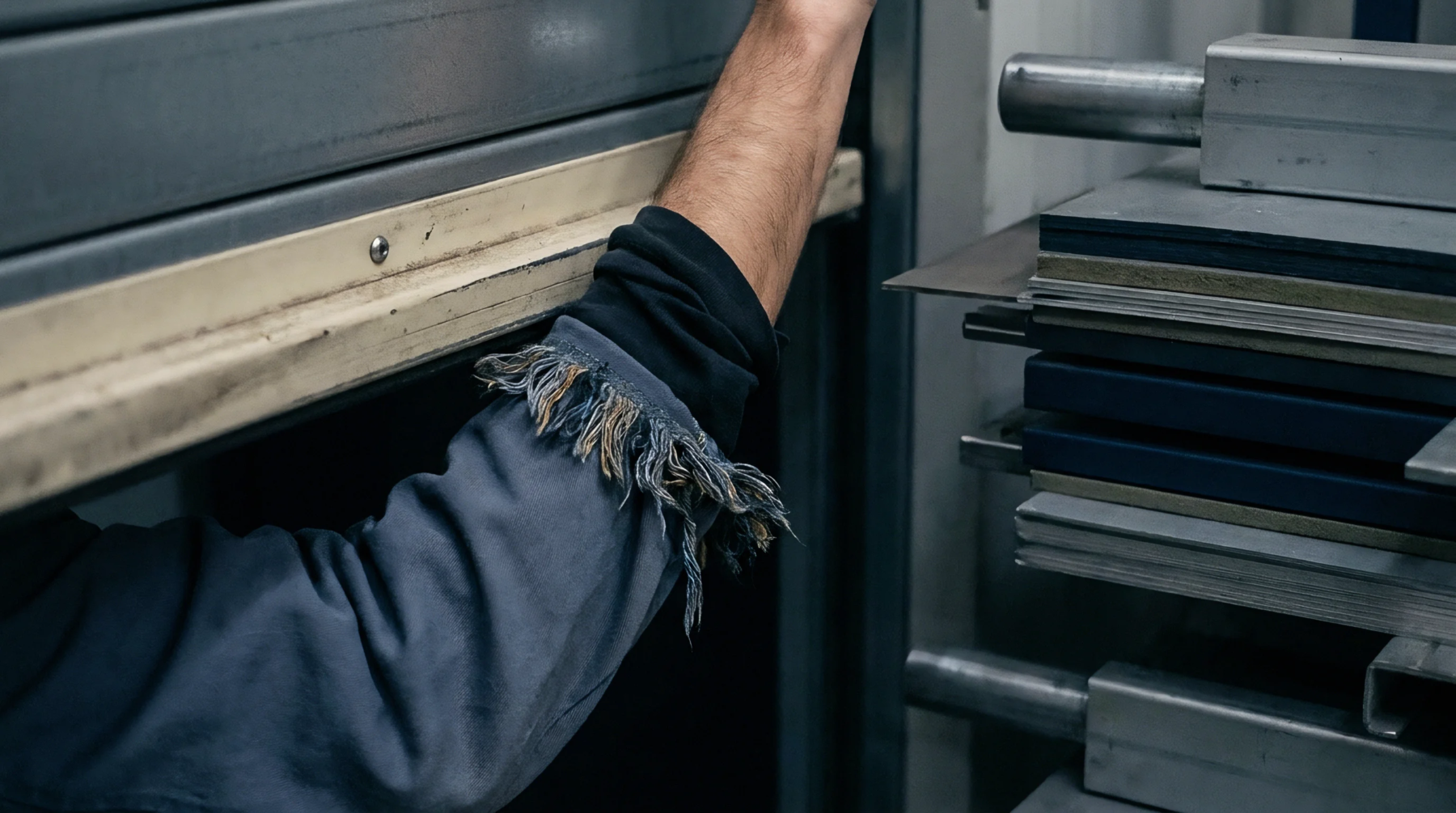 A worker reaches into metal storage racking containing stacked industrial plates and raw materials within a manufacturing facility or warehouse environment.