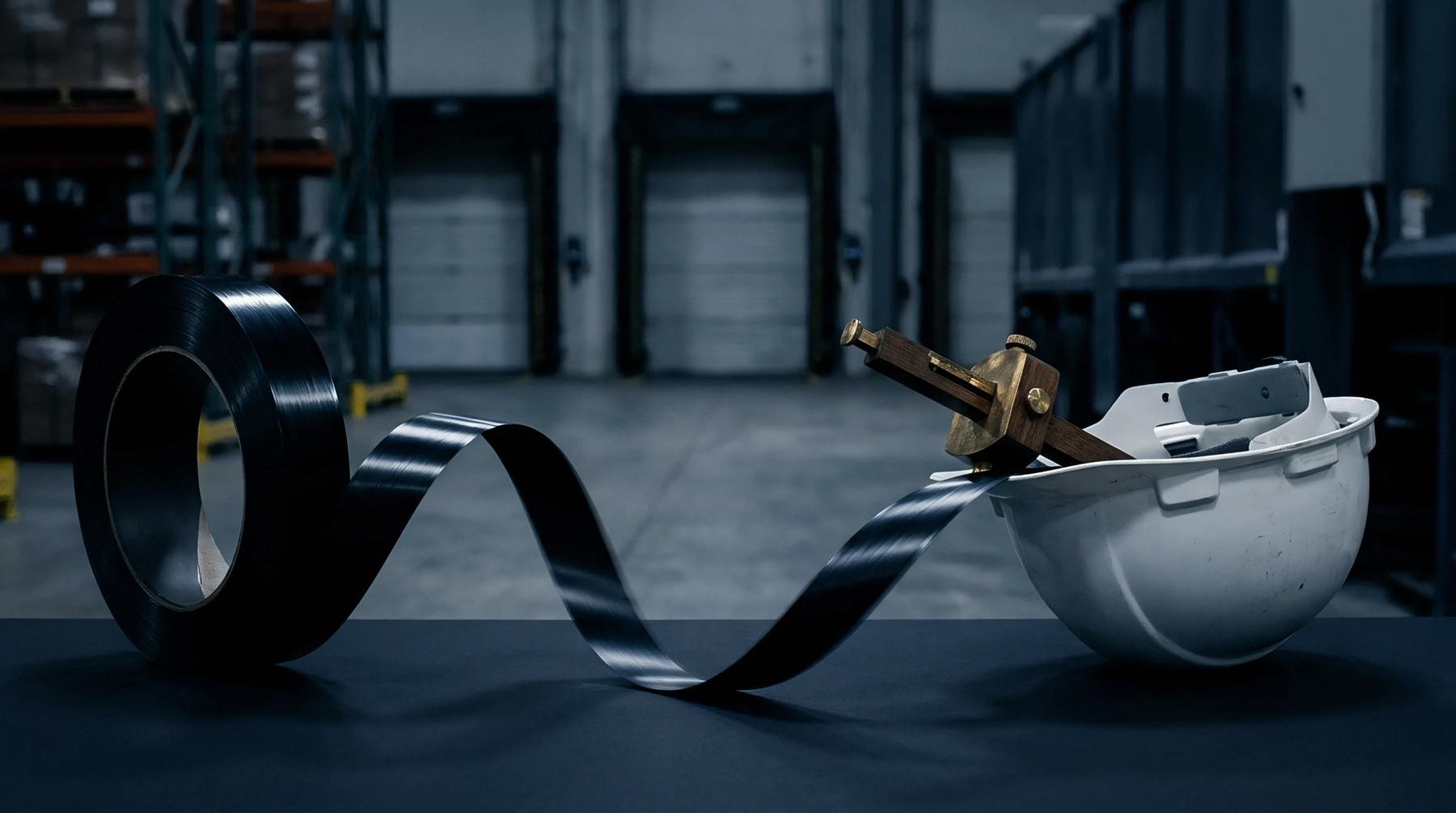 A black industrial strapping roll unfurls across a dark surface in a warehouse setting, interacting with a white hard hat and a brass measuring gauge.