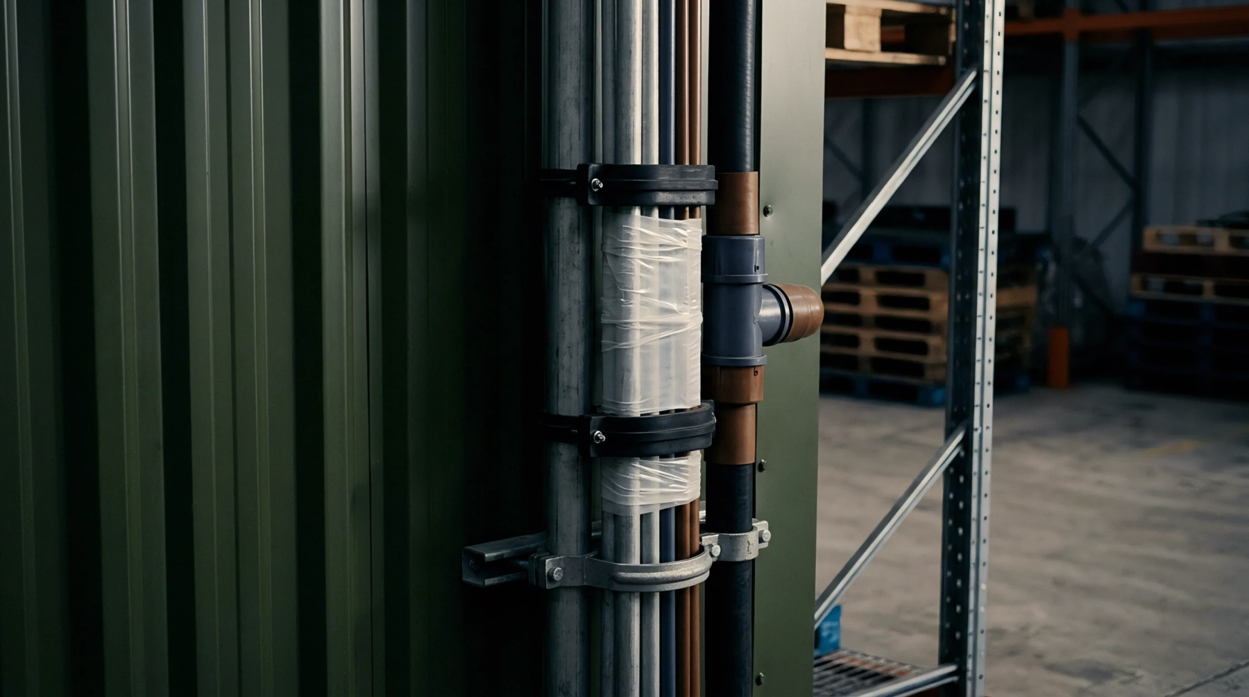 A vertical section of grey metal and brown plastic conduits carrying utilities is securely clamped to a corrugated green panel and an industrial racking upright.