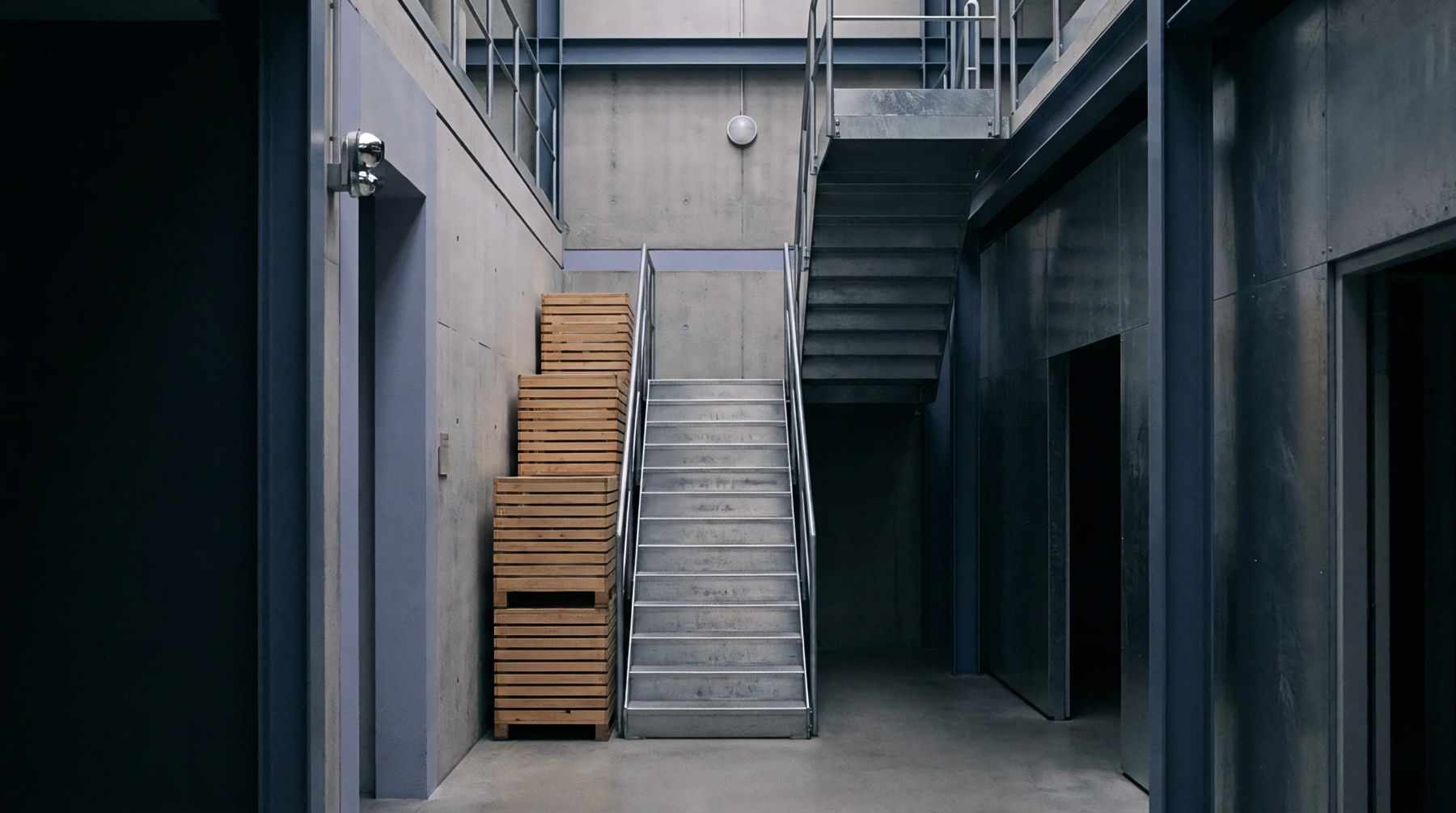 This industrial interior features concrete walls metal staircases and stacked wooden crates representing a space for operational logistics and storage.