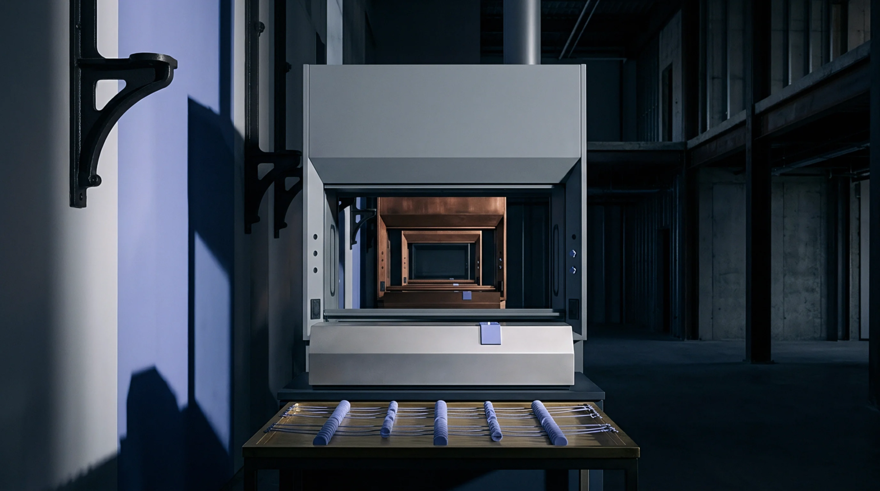 An industrial processing station with a series of receding duplicated portals stands before a workbench holding rows of blue cylindrical components in a warehouse.