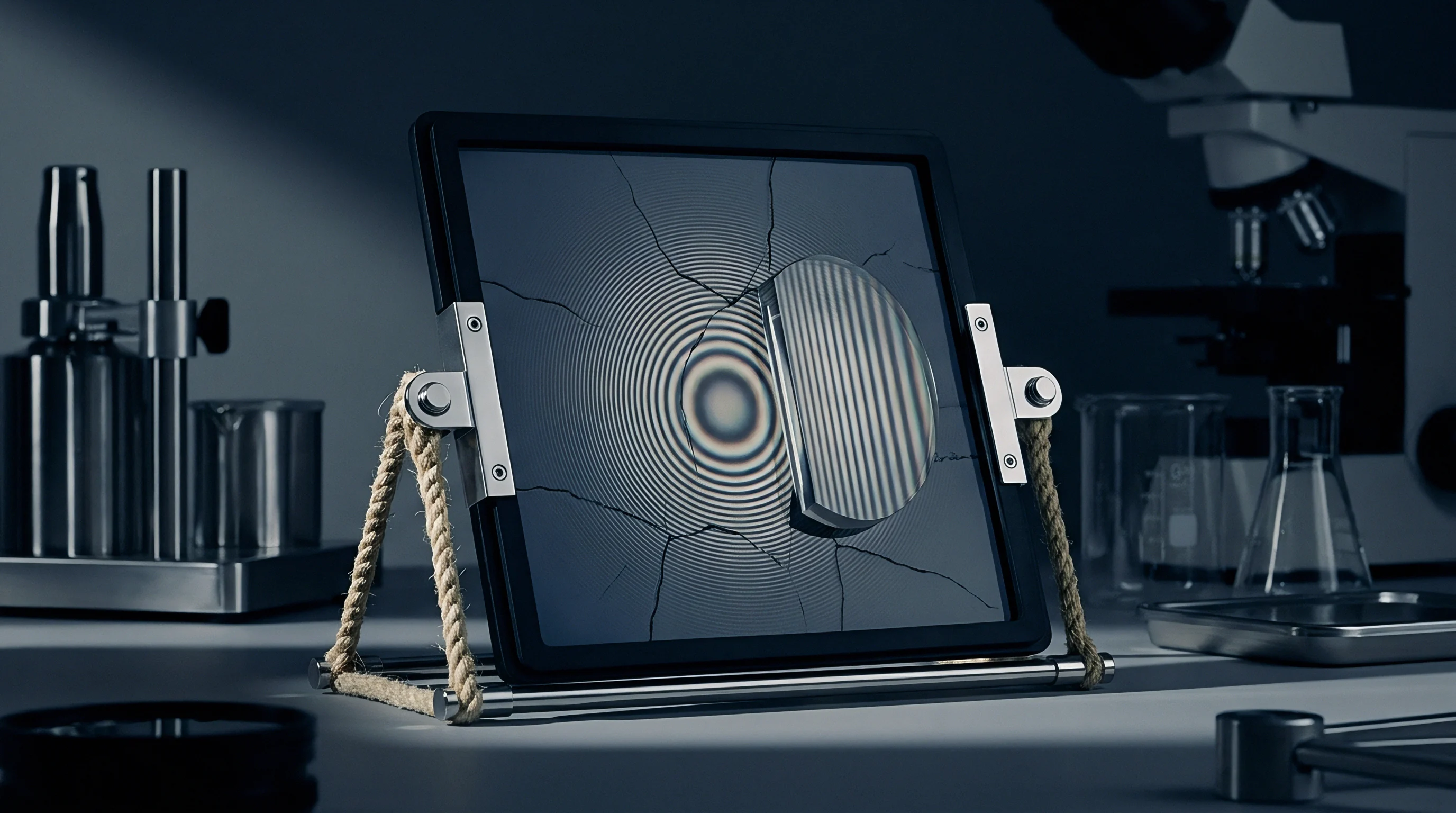 An interference pattern screen rests on a stand in a laboratory setting with nearby microscope equipment and various glass containers for material testing.
