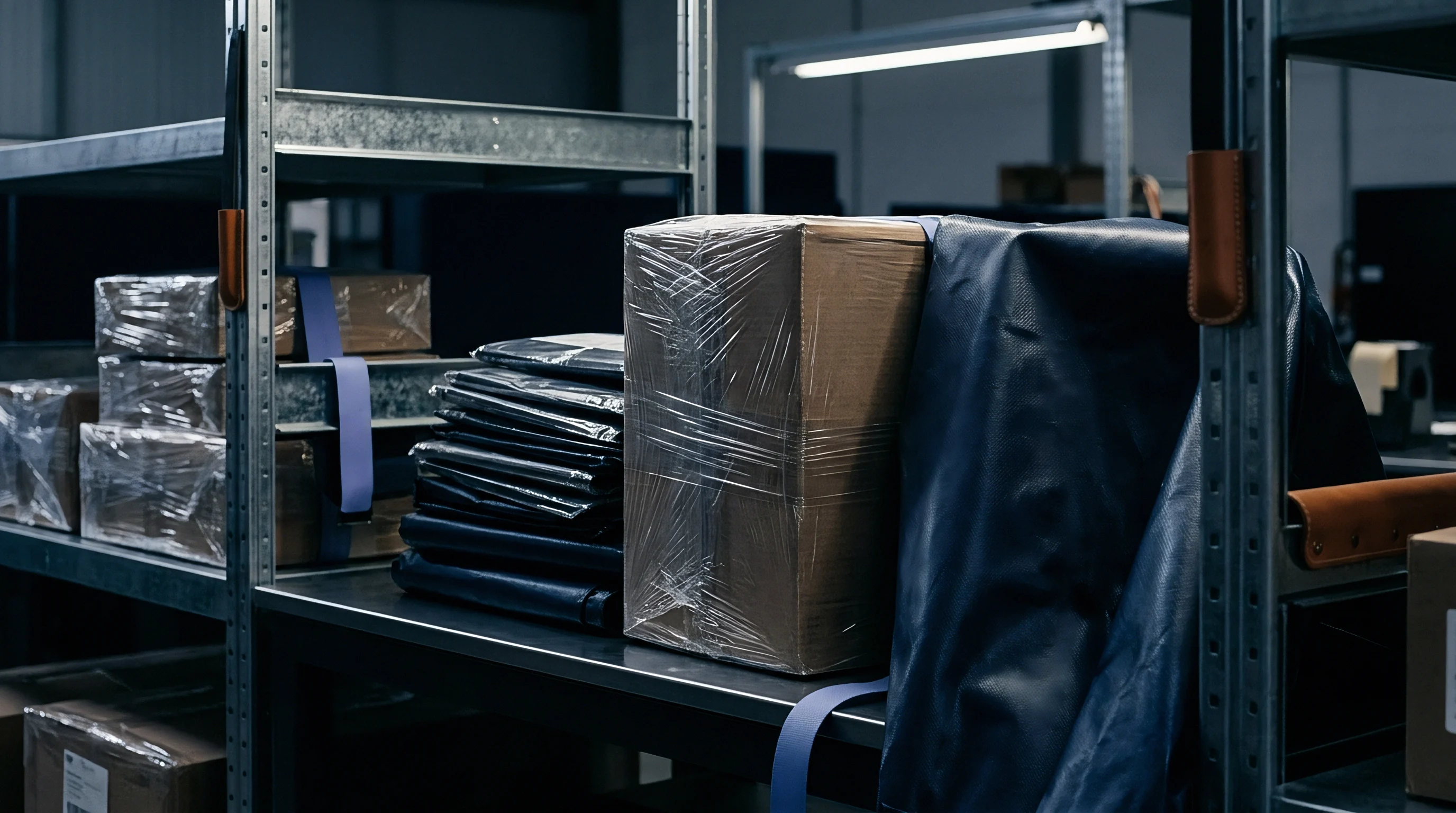 Metal shelving holds large plastic wrapped cardboard boxes beside stacked items and heavy fabric covers in a functional industrial warehouse space.