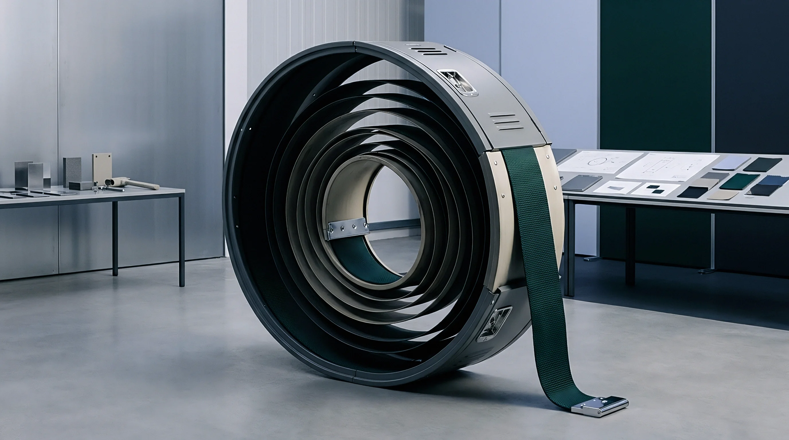 Massive concentric metal and fabric belt prototype rests on a concrete industrial floor inside a component testing facility.