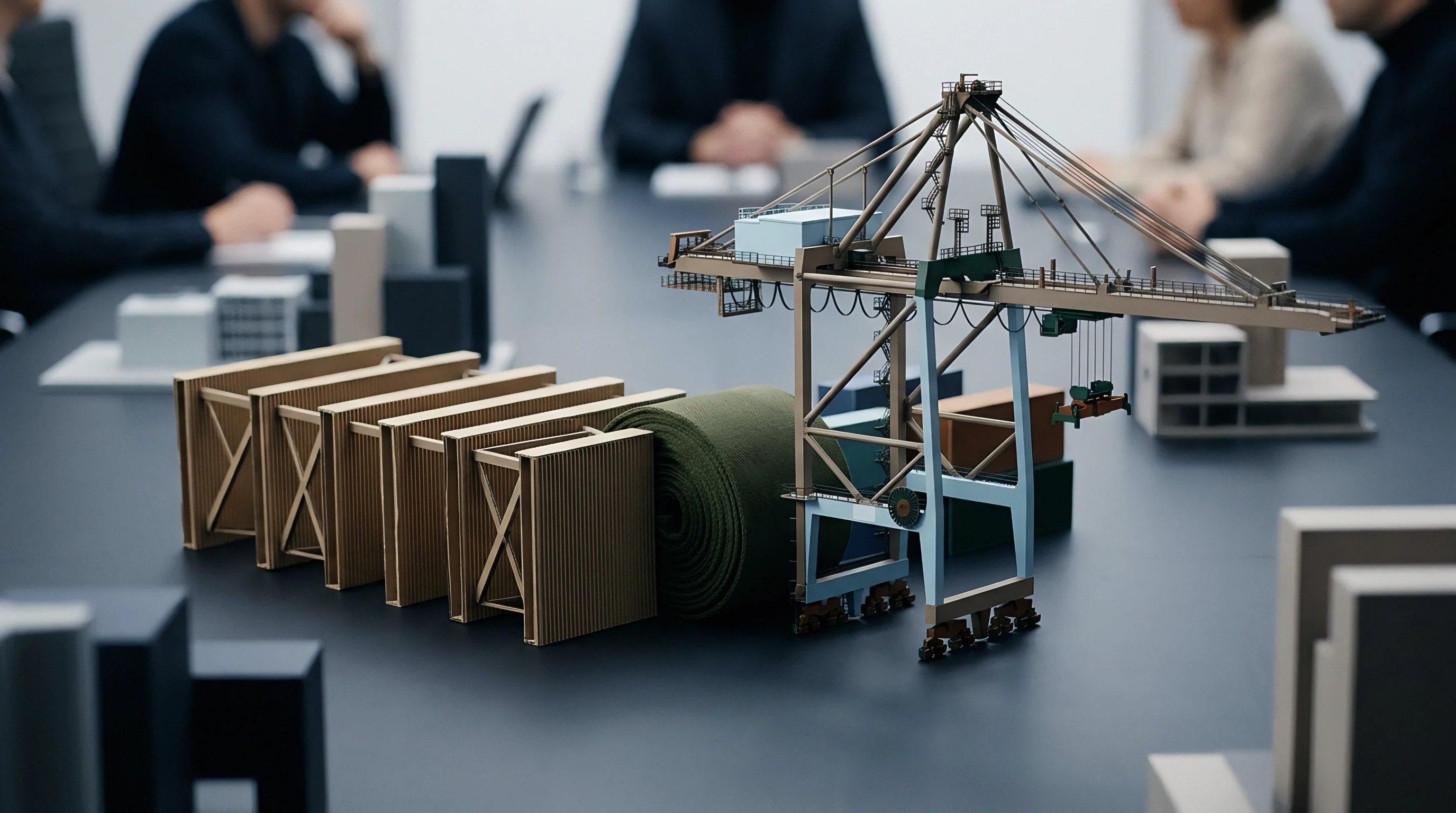 A digital render of a miniature port infrastructure model with shipping containers and material rolls sits on a conference table in front of seated figures.