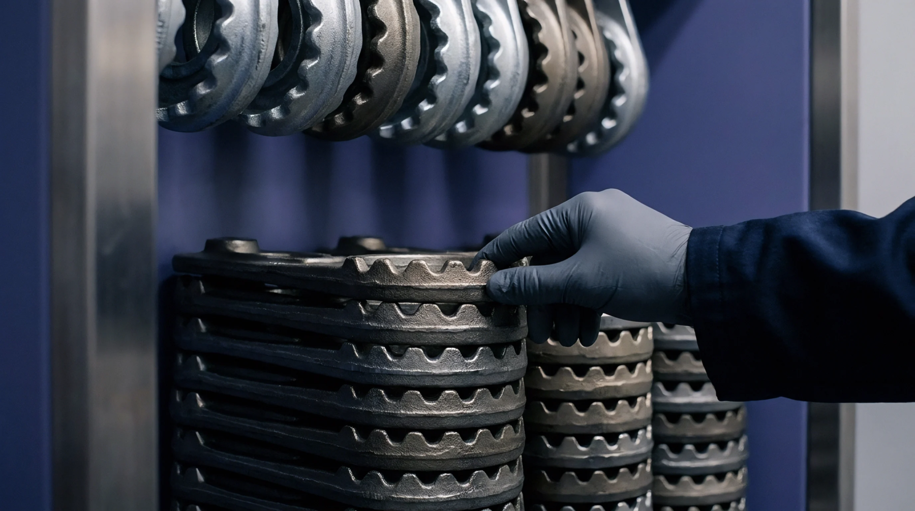 Gloved hand selects metal component from stacked inventory trays within a high capacity industrial production storage facility.