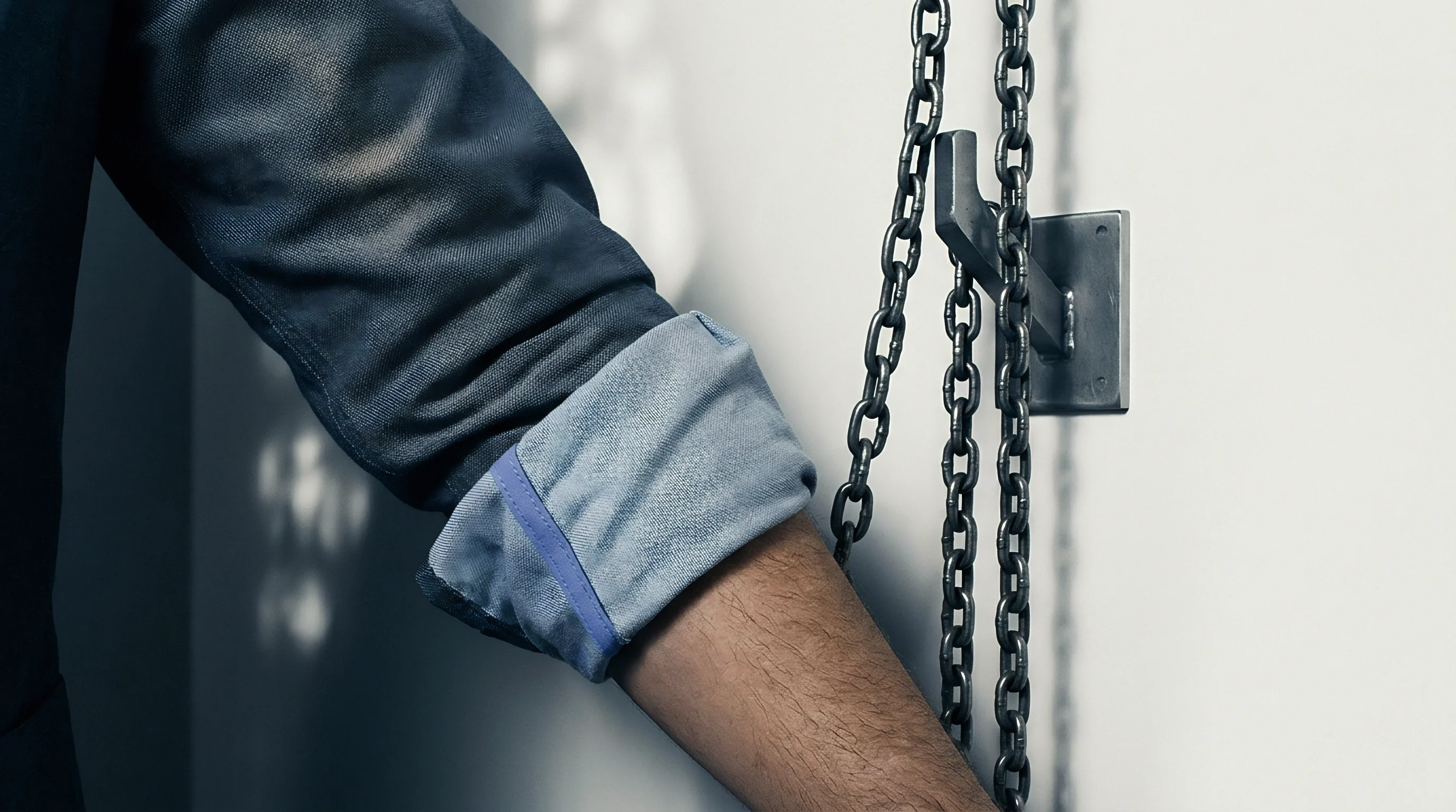 Industrial operator forearm wearing heavy workwear rests beside a vertical steel roller chain suspended from a wall bracket inside a production facility.