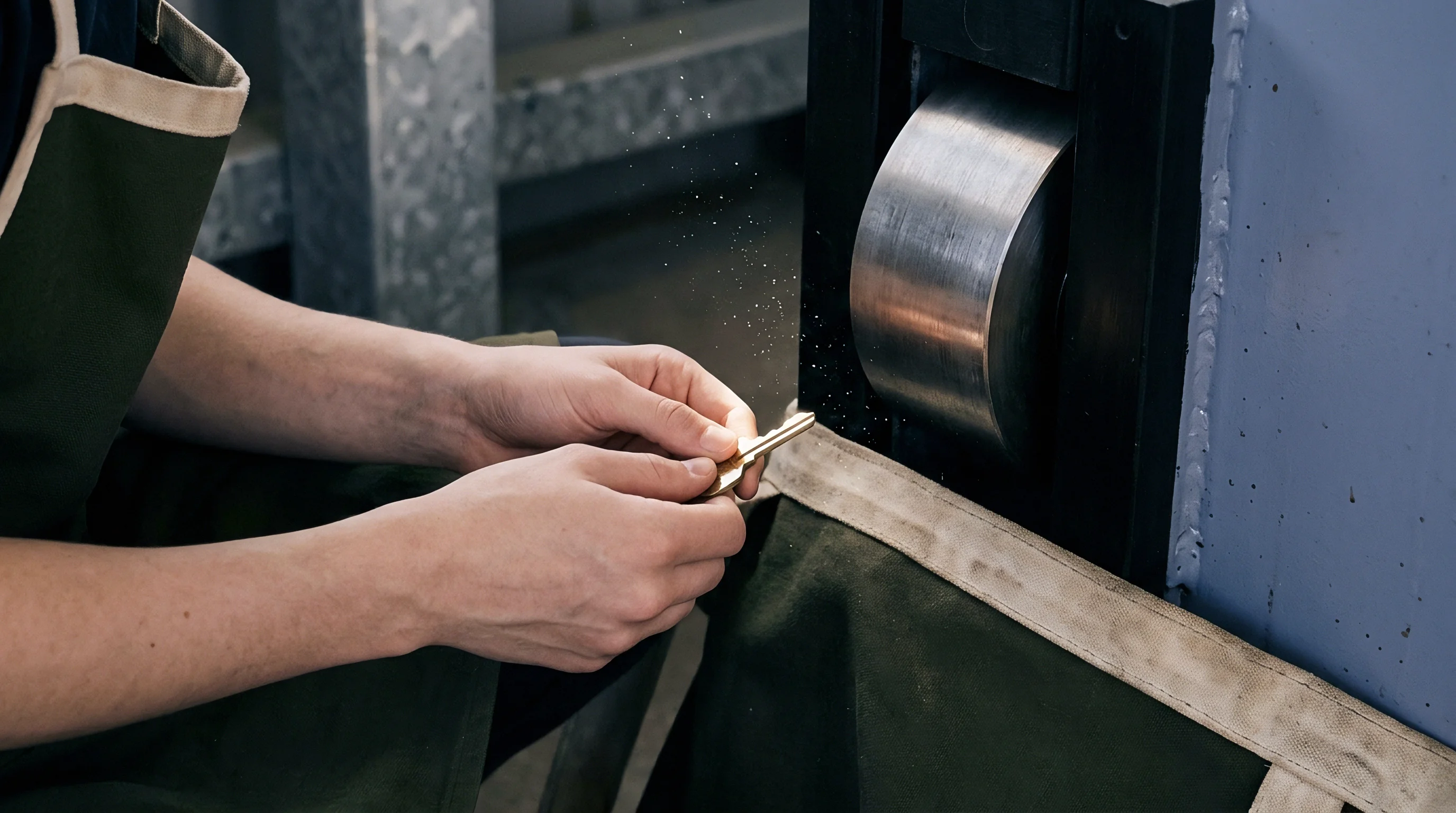 A worker in a protective apron holds a brass key blank next to a spinning metal deburring wheel in a workshop.