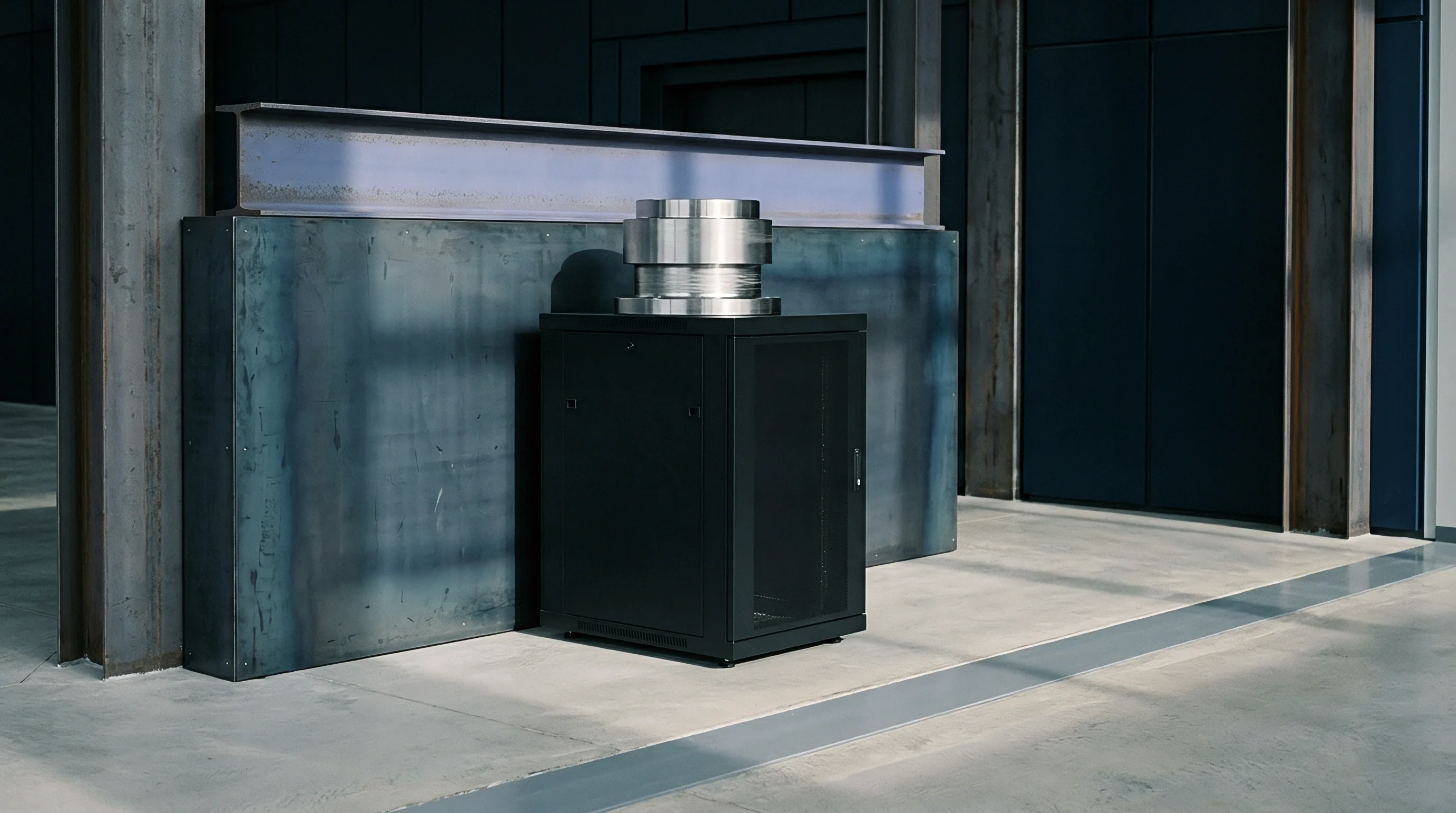 A black industrial cabinet featuring a robust cylindrical metal component on its top stands against a backdrop of dark steel panels and structural beams.