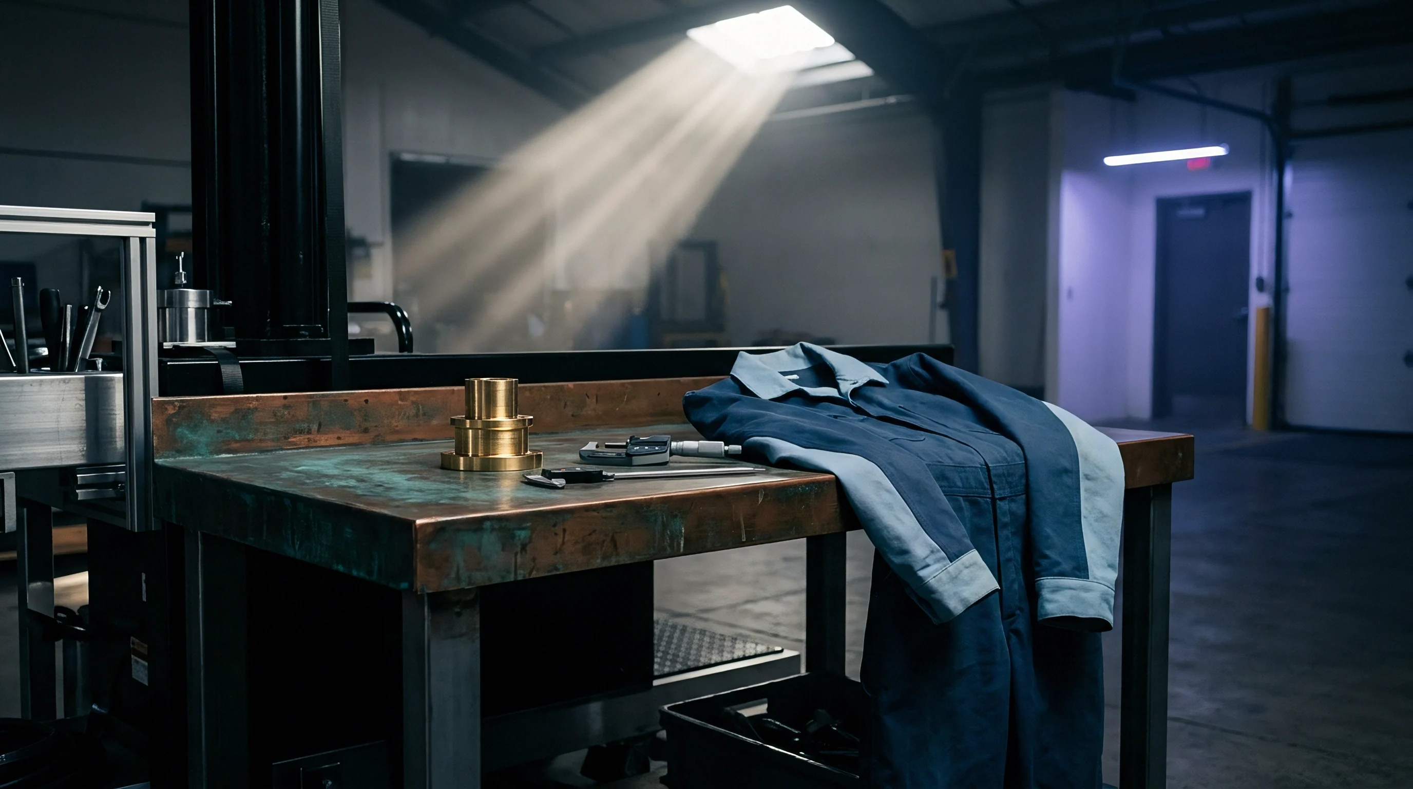 Precision machined metal components and safety workwear rest on a copper topped workbench inside a quiet manufacturing plant.