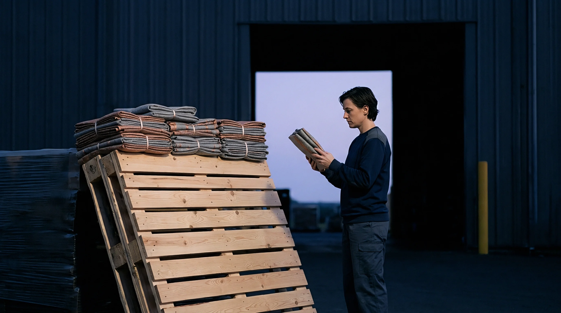 A man inspects folded material stacks on wooden pallets outside a darkened industrial building.