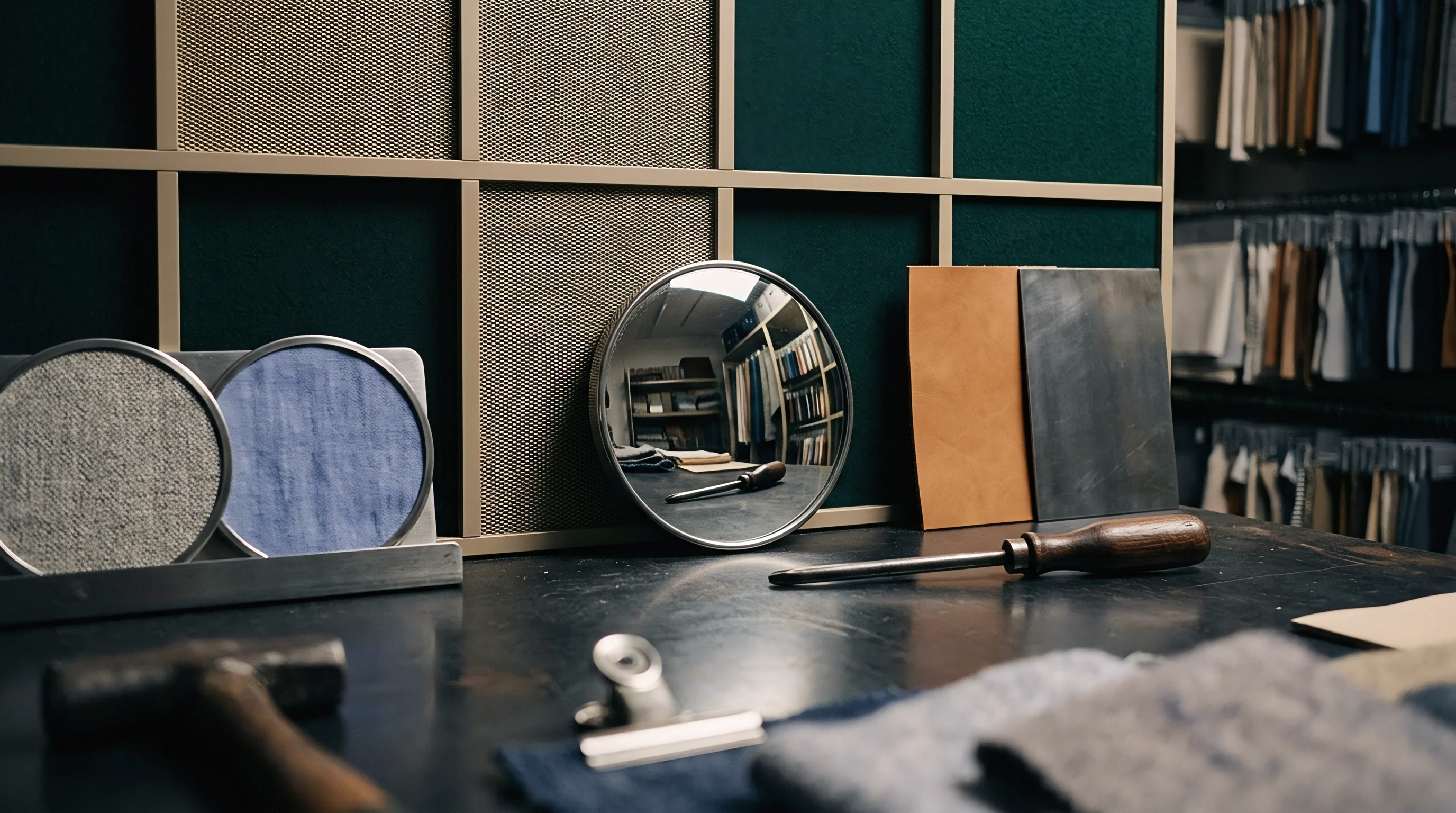 Raw textile samples and leather swatches lie on a dark workbench beside a circular convex inspection mirror reflecting an organized storage and production space.
