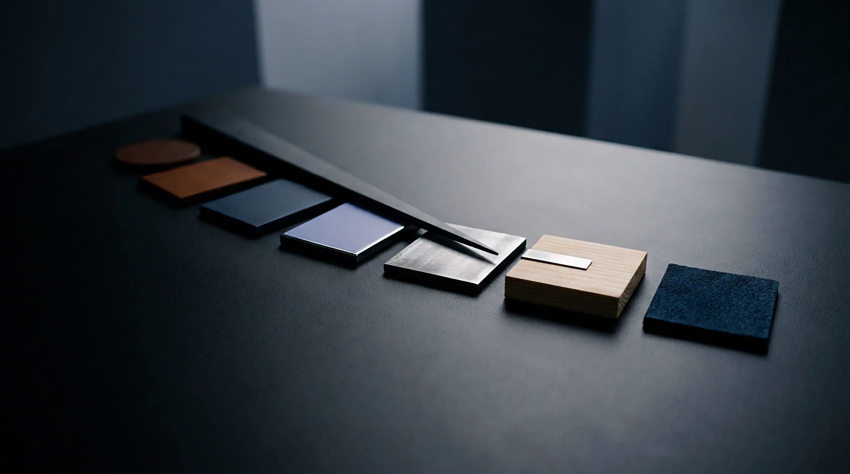 Leather composite metal wood and textile samples lie in a row on a dark table surface with a tapered black component.