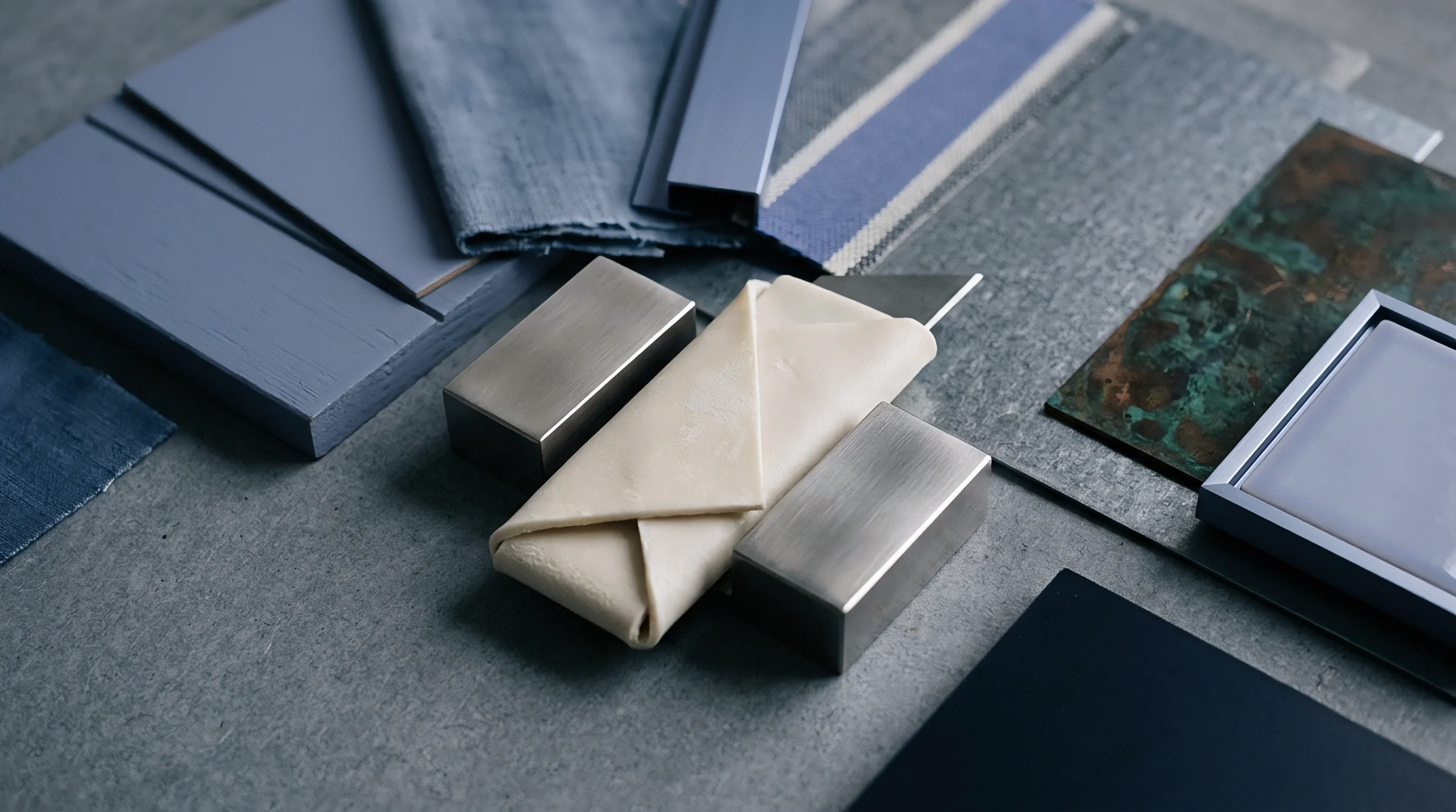 Rectangular material samples including fabric swatches metal blocks and stone tiles rest on a gray textured surface for production design review.