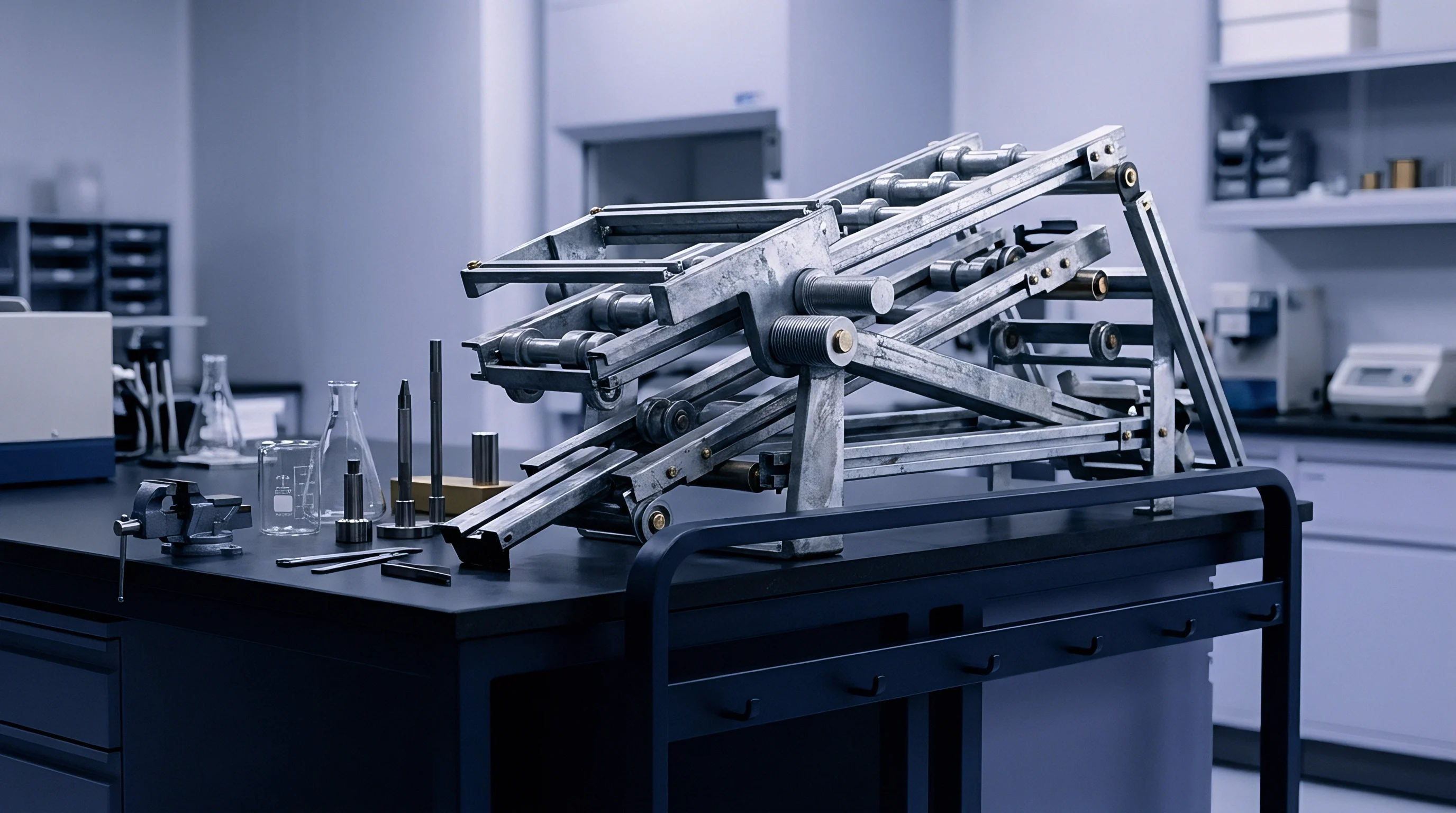 A metal conveyor mechanism sits on a dark workbench alongside laboratory glassware and small precision tools in a controlled manufacturing development environment.