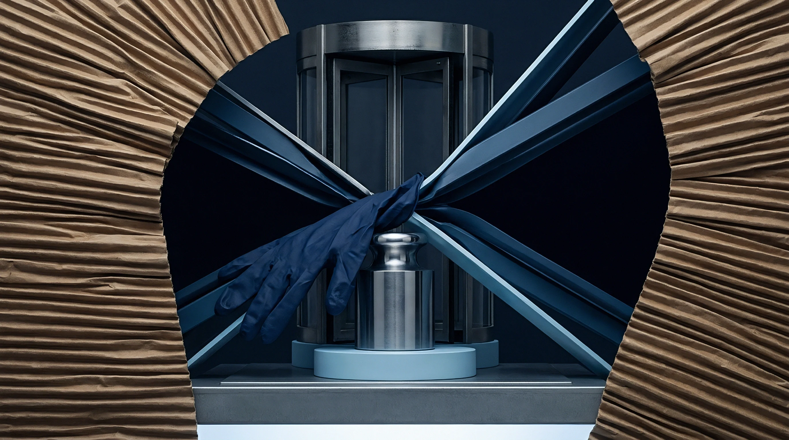 A metal turnstile mechanism and industrial weight sit framed by brown paper with a blue rubber glove tangled in the rotating structure.