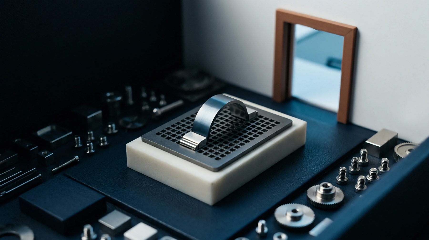 A digital render displays metallic miniature industrial components and a small arched bracket organized on a modular white and dark workspace.
