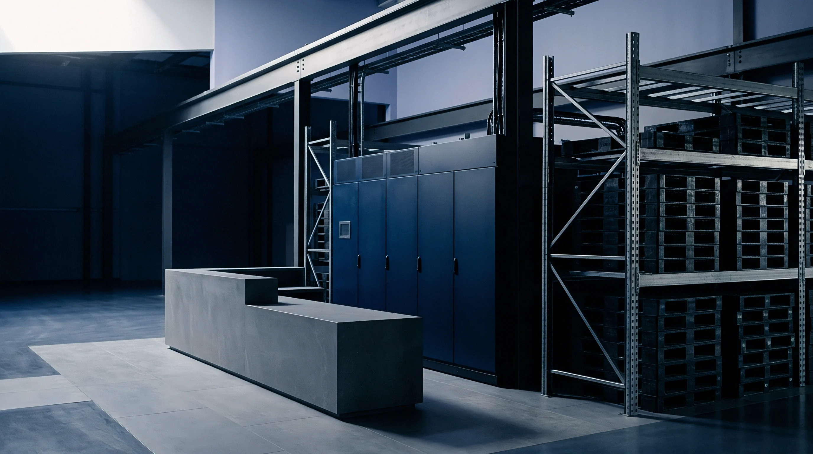 A concrete workstation counter stands beside a large blue industrial cabinet and steel pallet racking within a spacious, minimally lit manufacturing warehouse floor.