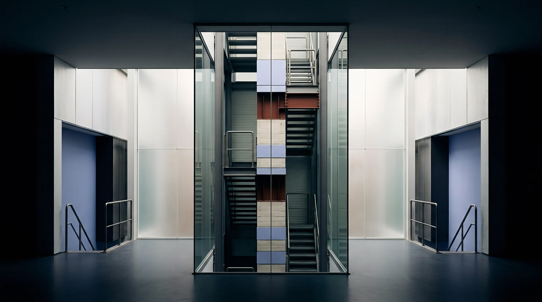 Interior architecture reveals a multi-level industrial facility, integrating steel stairwells within a clear glass shaft.