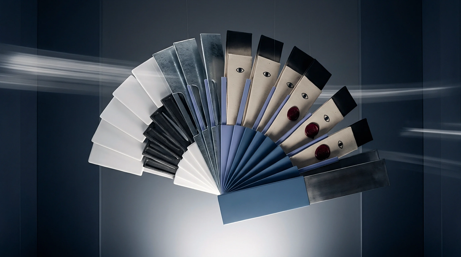 Suspended polymeric and metallic panels fan outward in a graduated sequence against a dark industrial background wall.