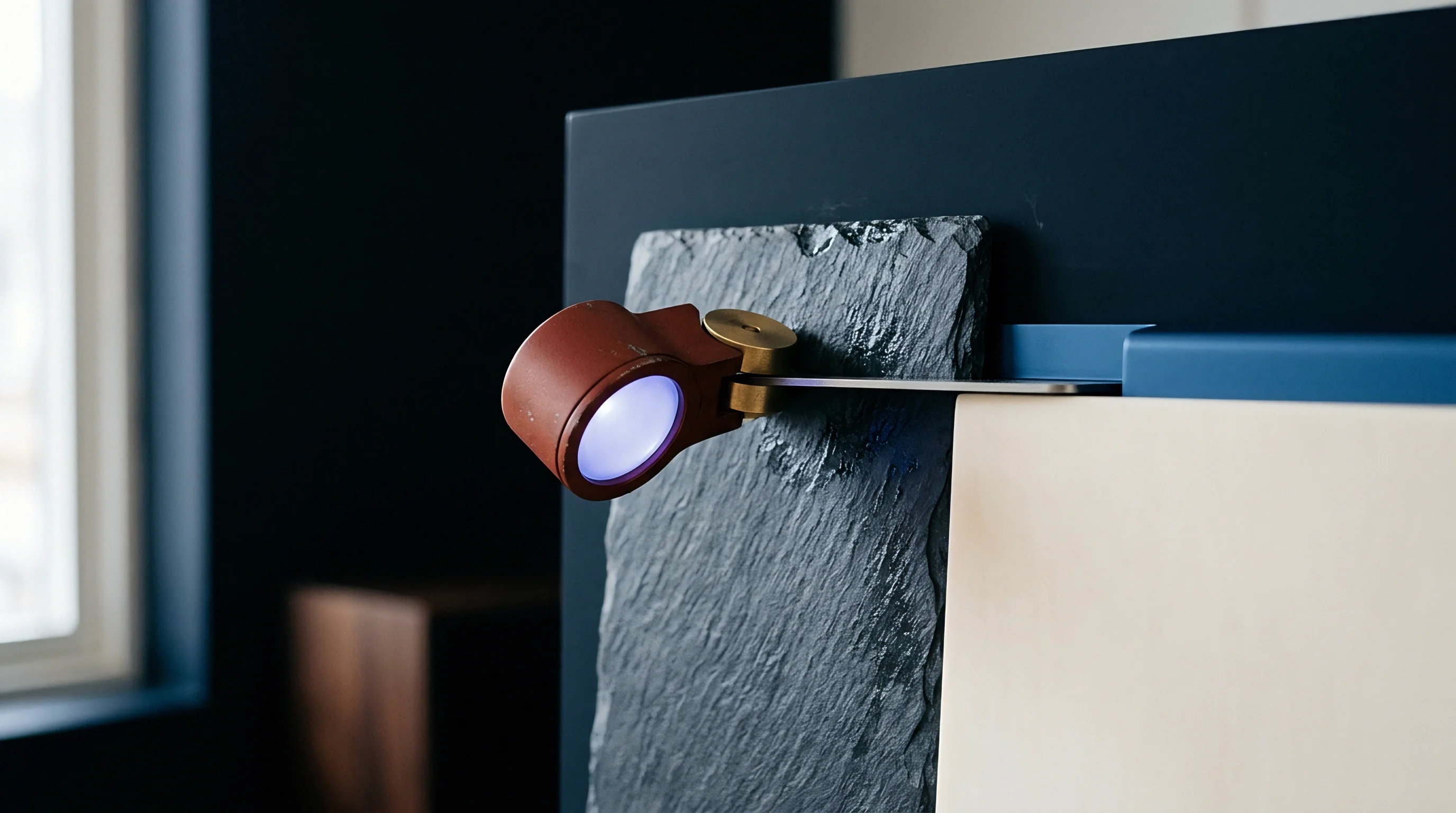 A textured slate mounting plate secures a metal bracket holding an illuminated electronic status indicator module against an industrial blue panel.