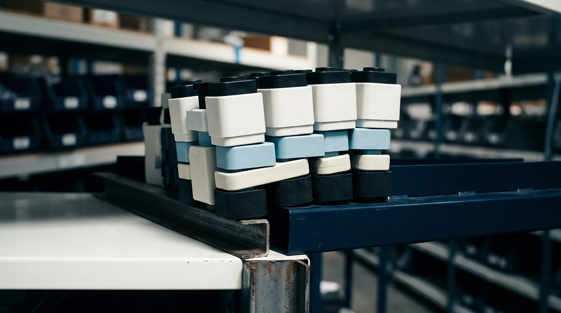 Molded plastic modular conveyor belt links rest in metal storage tracks inside an industrial parts warehouse.