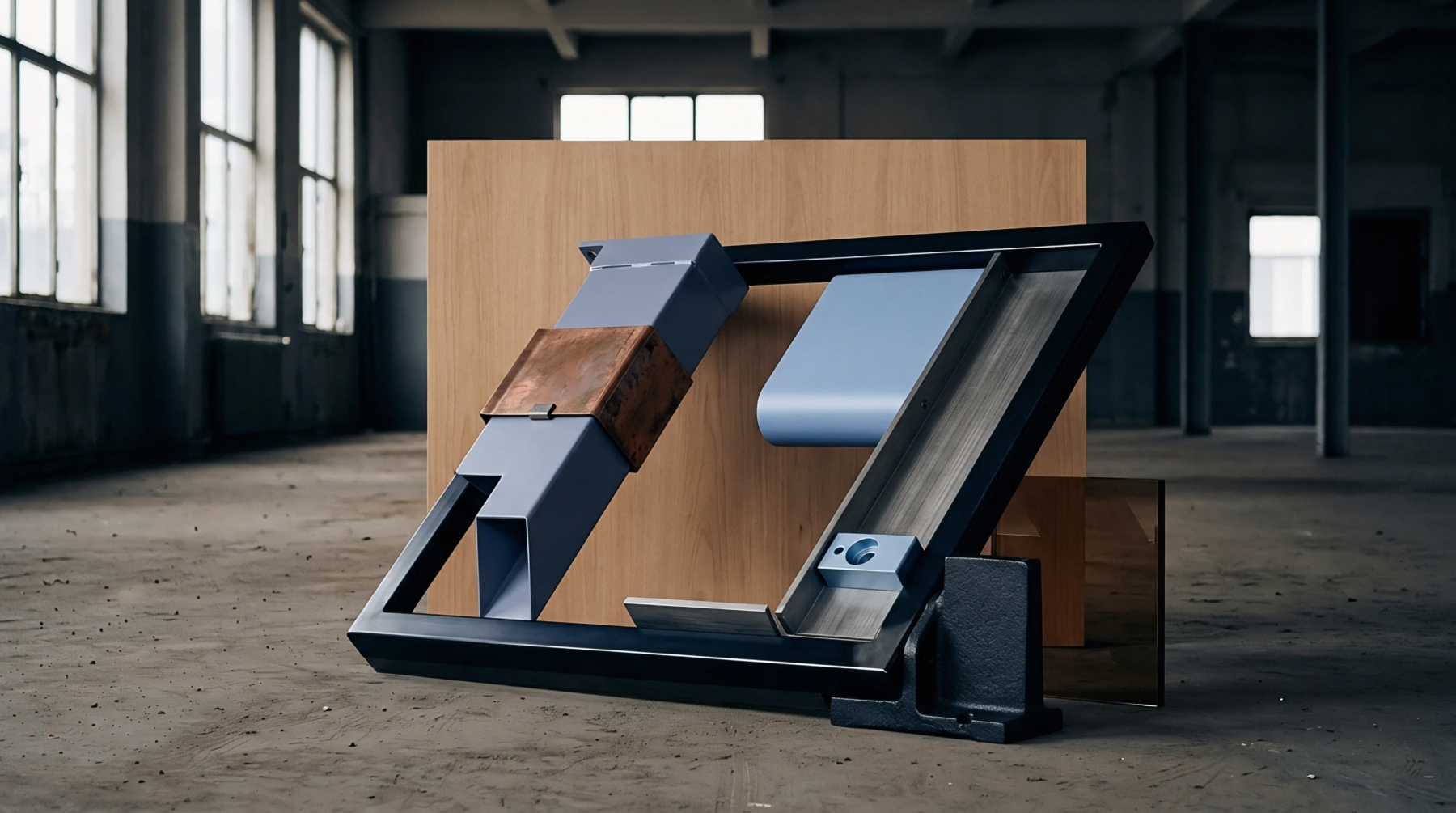 Modular steel frames, machined aluminium brackets, and oxidized copper sections are arranged inside an empty industrial warehouse facility.