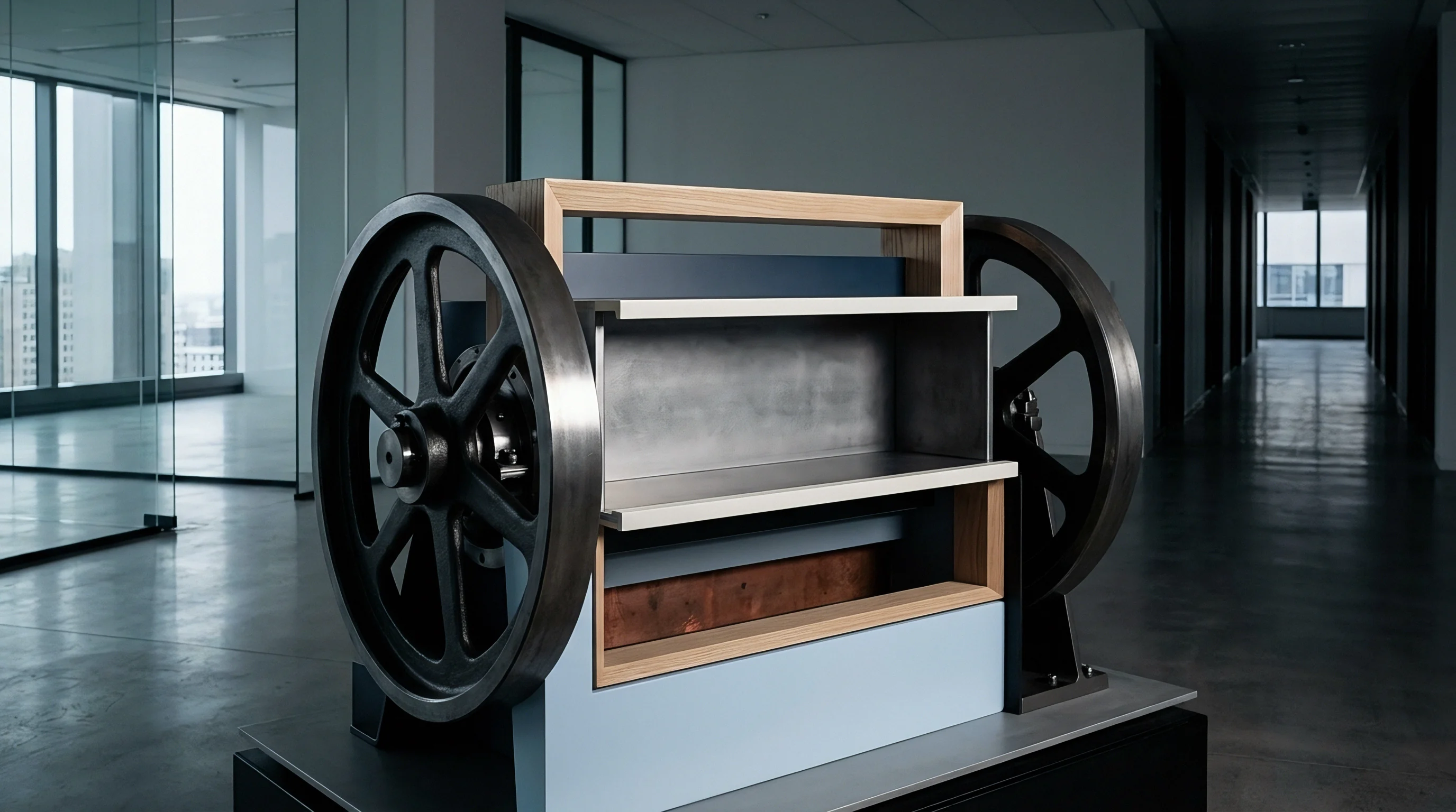 A central architectural model featuring iron flywheels and geometric steel frames sits within a polished office hallway to illustrate industrial production systems.