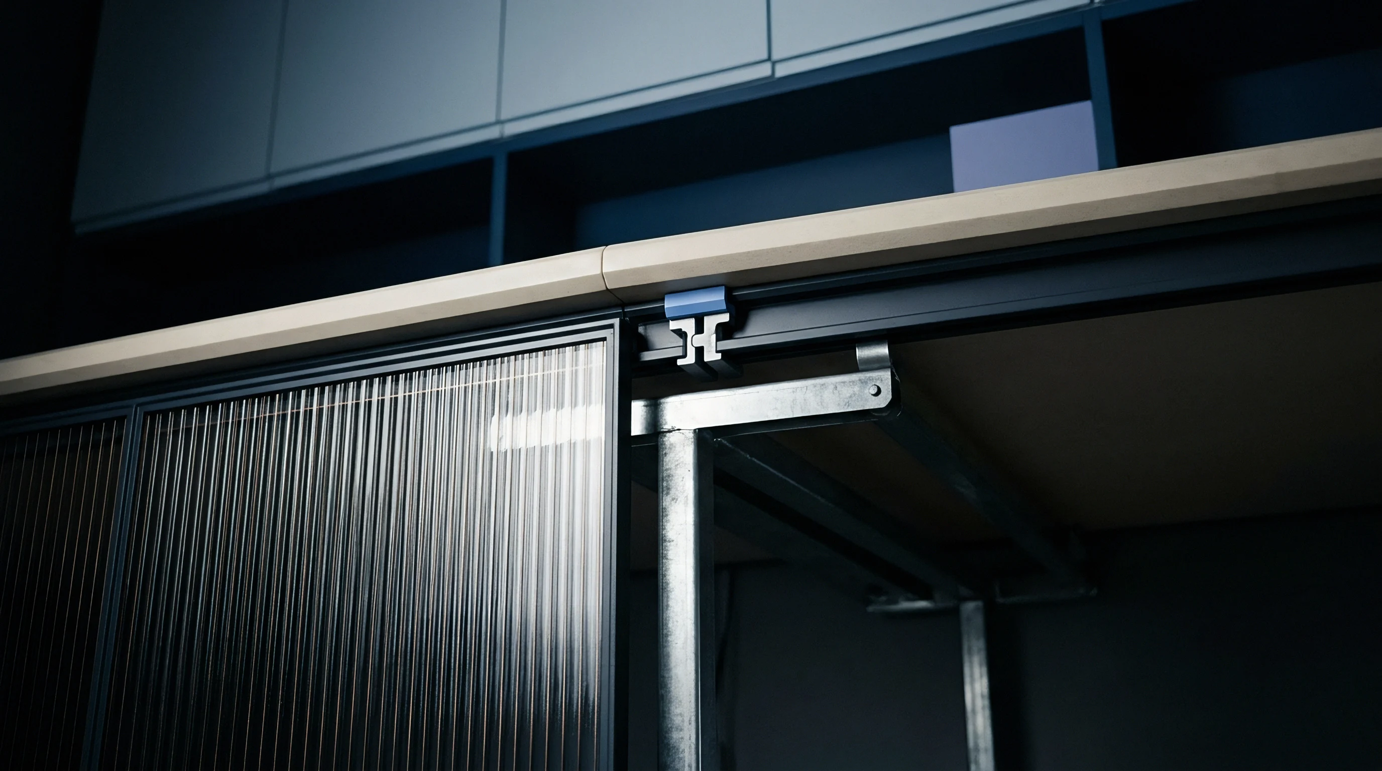 A metal partition track sits above a corrugated glass panel attached to an industrial desk assembly within a factory setting.
