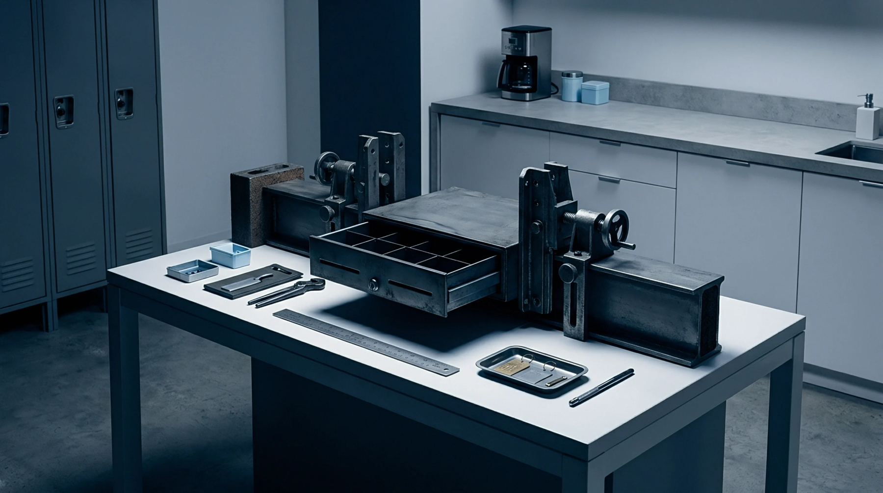 A steel industrial workbench holds a modular metal clamping fixture and a partitioned drawer unit inside a commercial production facility.
