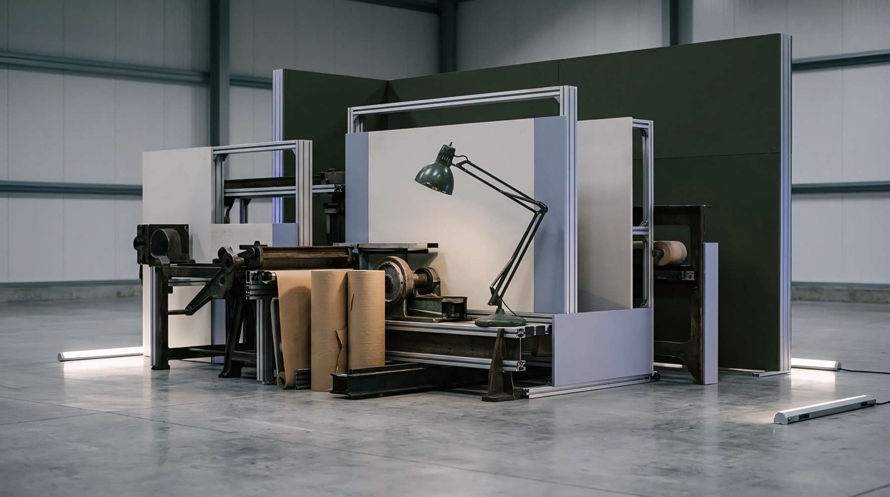 Modular aluminum framing and paper material rolls sit within a warehouse space containing industrial workstations and partitioning systems for production layout planning.
