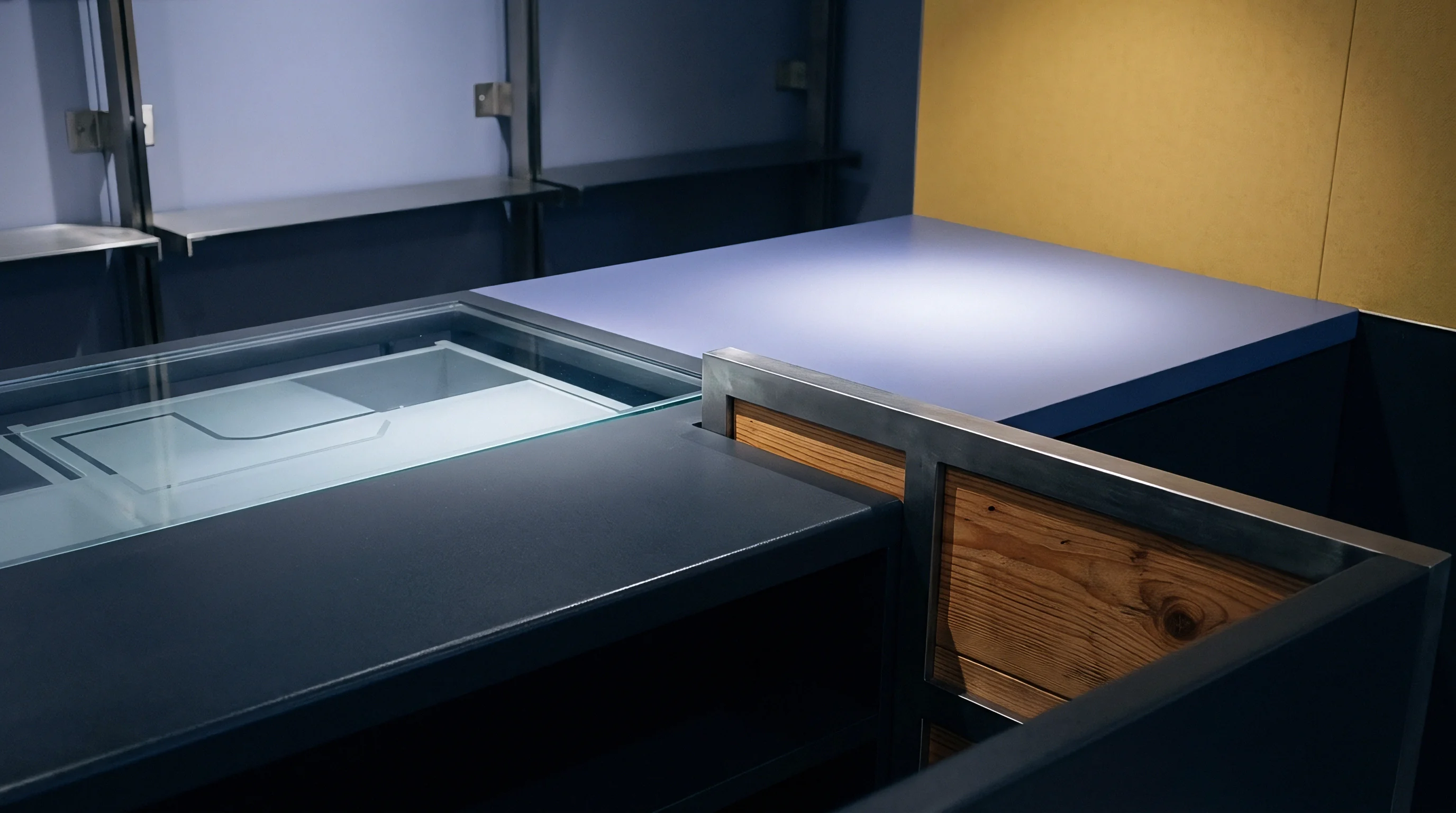 Modular metal workstations with integrated glass surfaces and wooden accents define this organized production environment layout.
