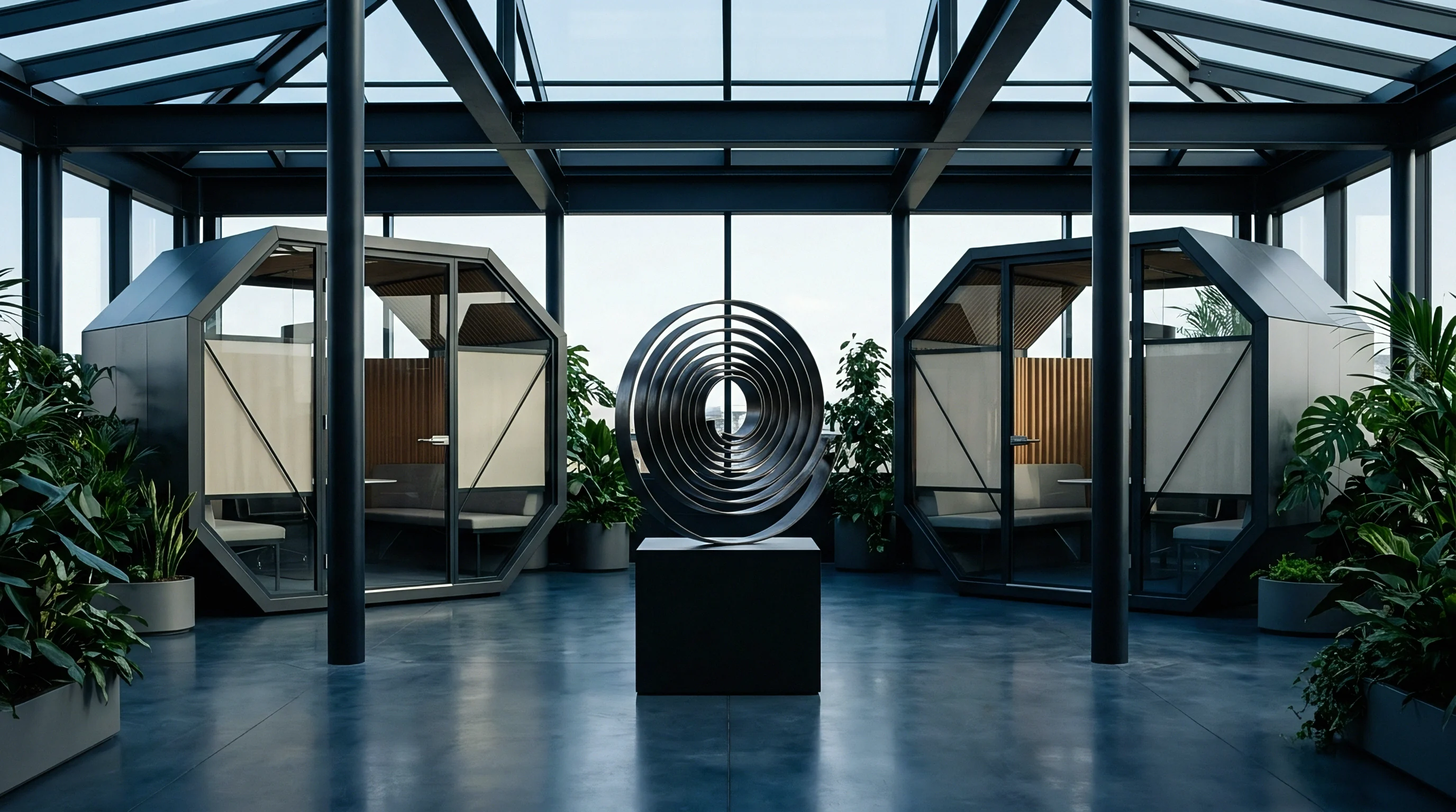 Two symmetrical hexagonal modular workspaces flank a central concentric metal sculpture within an industrial atrium shown in a digital render.