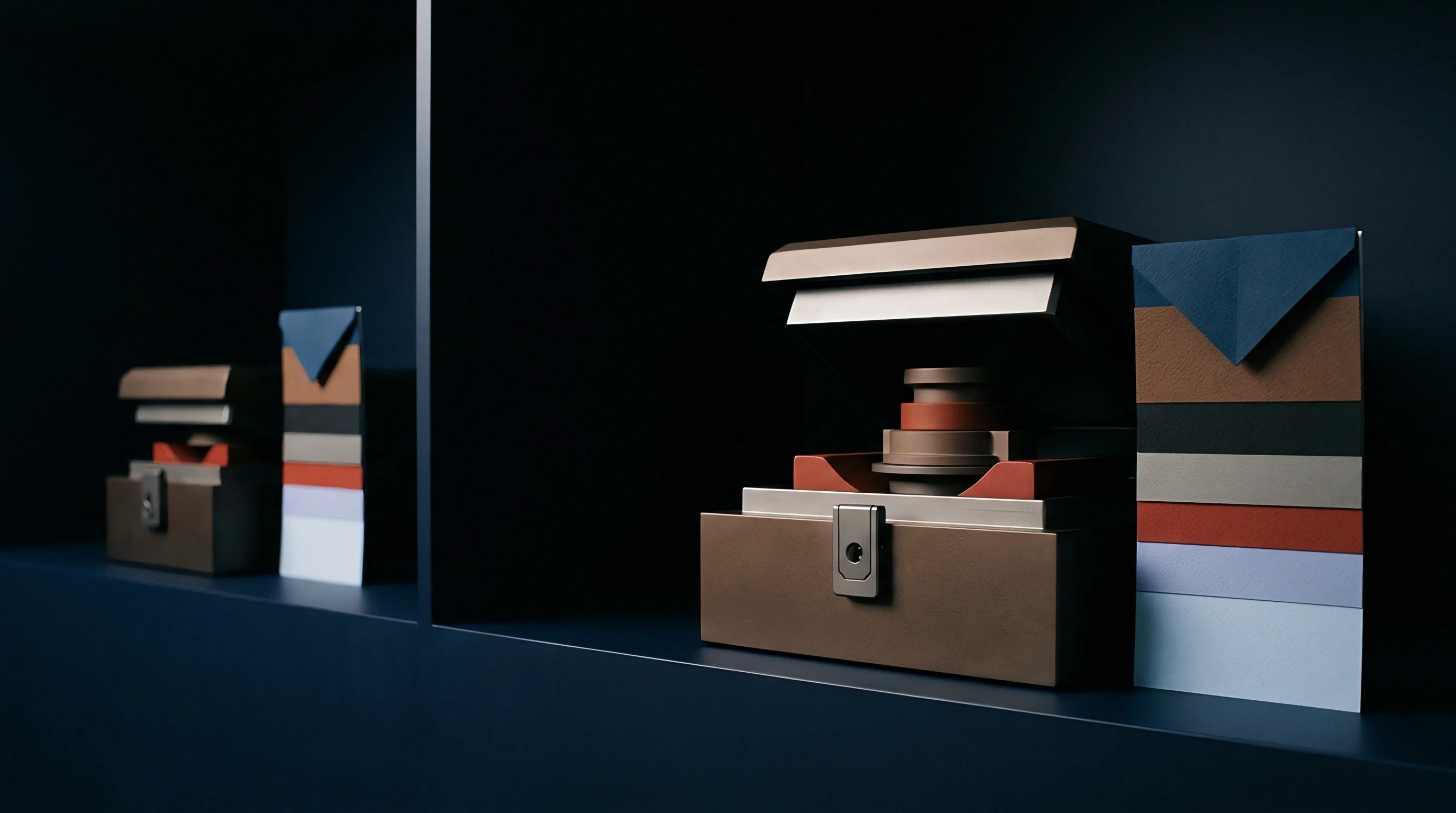 Precisely organized modular product components and stacked material samples displayed on a dark surface in a design or production studio setting.