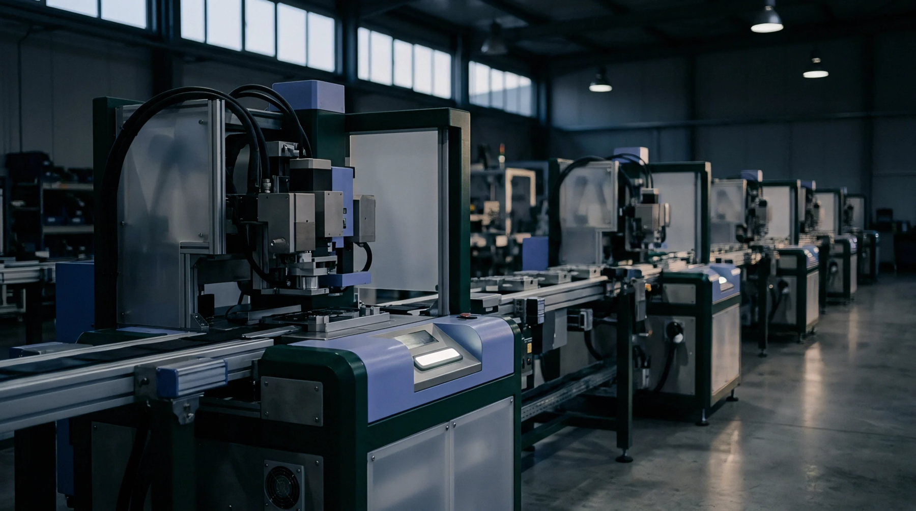 Rows of identical automated machining units stretch across the concrete floor of a modern factory organized for high volume production and efficient output.