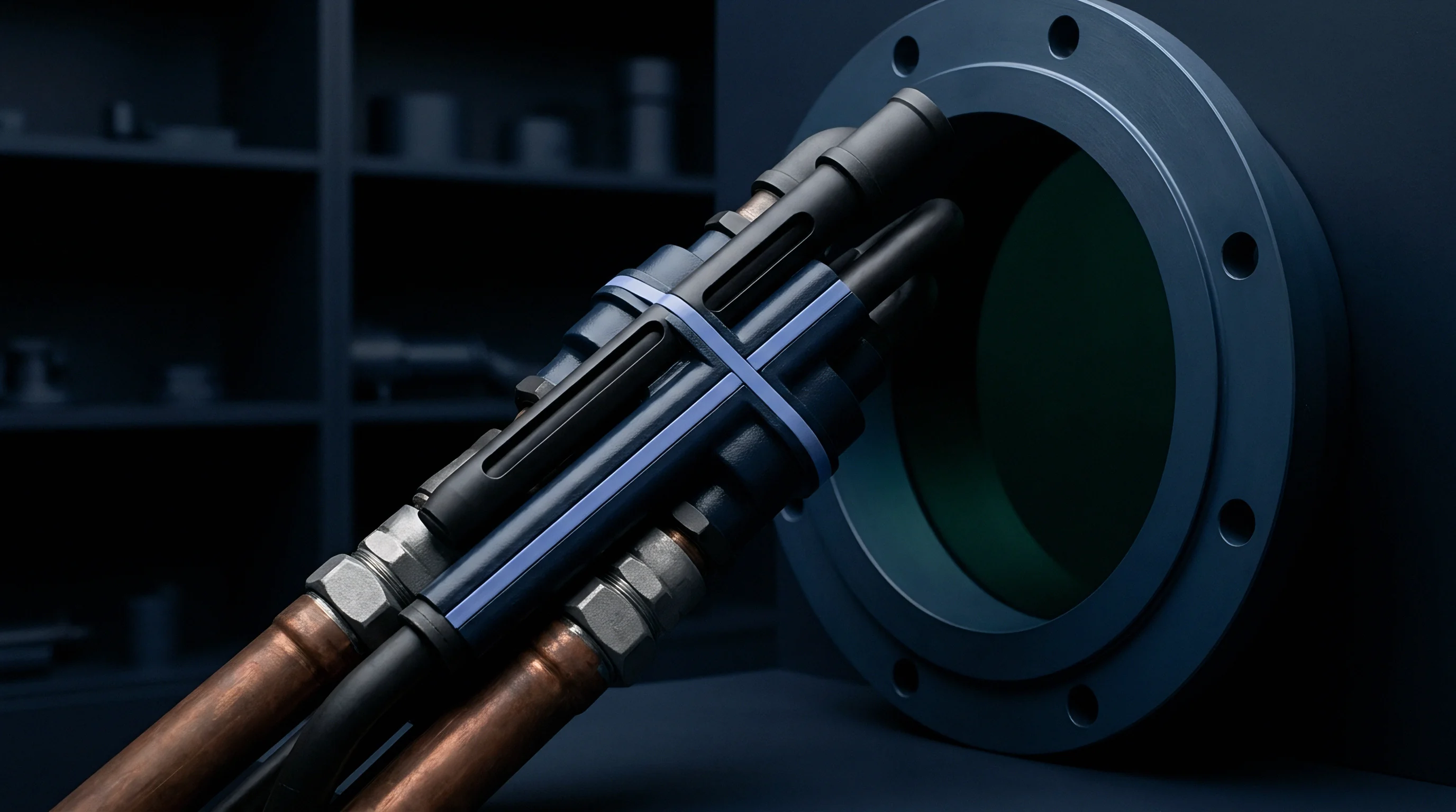 A modular distribution manifold assembly and copper piping interface a blue industrial bulkhead inside a dark facility in this digital render.