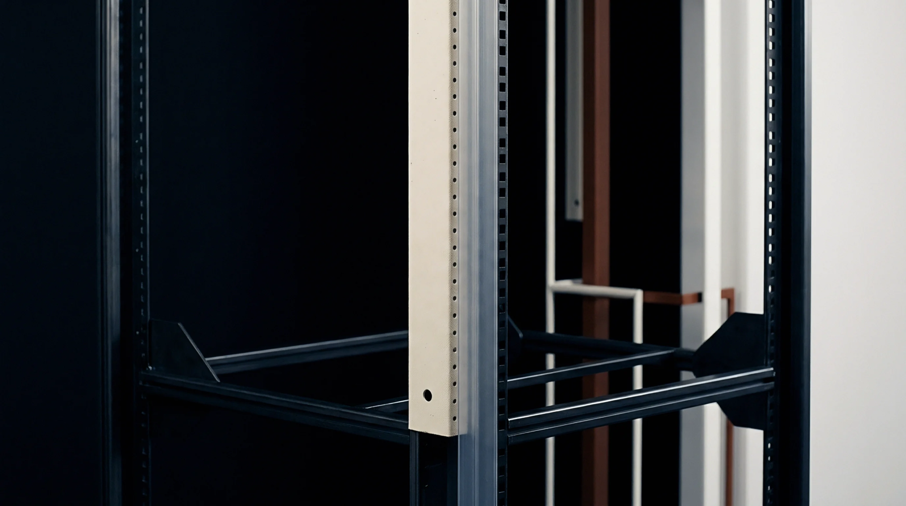 Vertical steel rack rails with regularly spaced mounting apertures stand within a dark industrial environment alongside horizontal support beams.