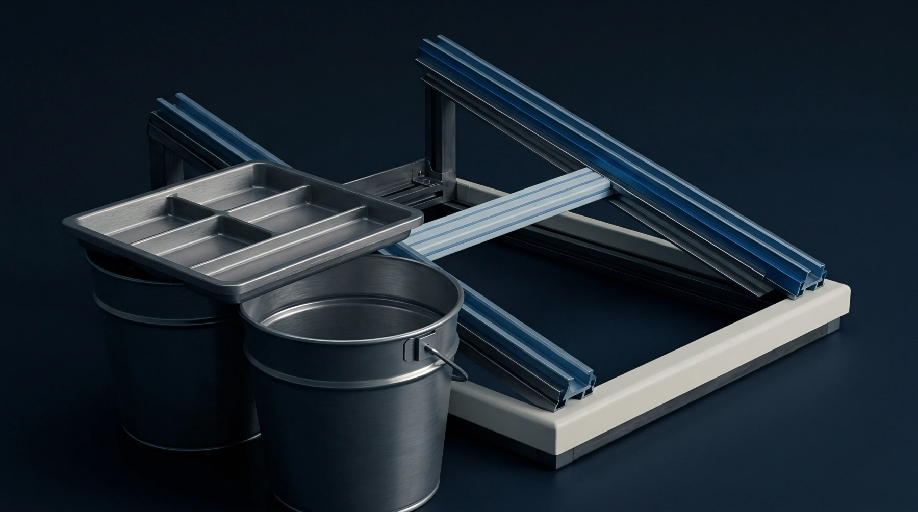 Modular aluminum extrusion profiles, steel containers, and molded sorting trays rest on a dark industrial workbench surface.